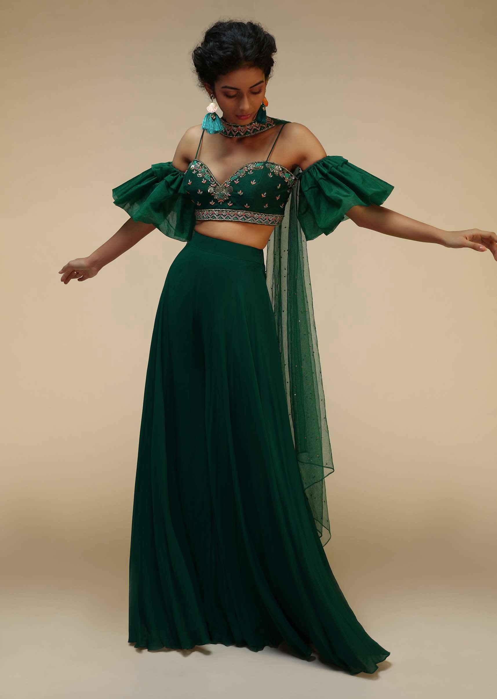 Bottle Green Palazzo Suit With A Cold Shoulder Crop Top Featuring Short Bell Sleeves And Multi Colored Hand Embroidery - Image 3