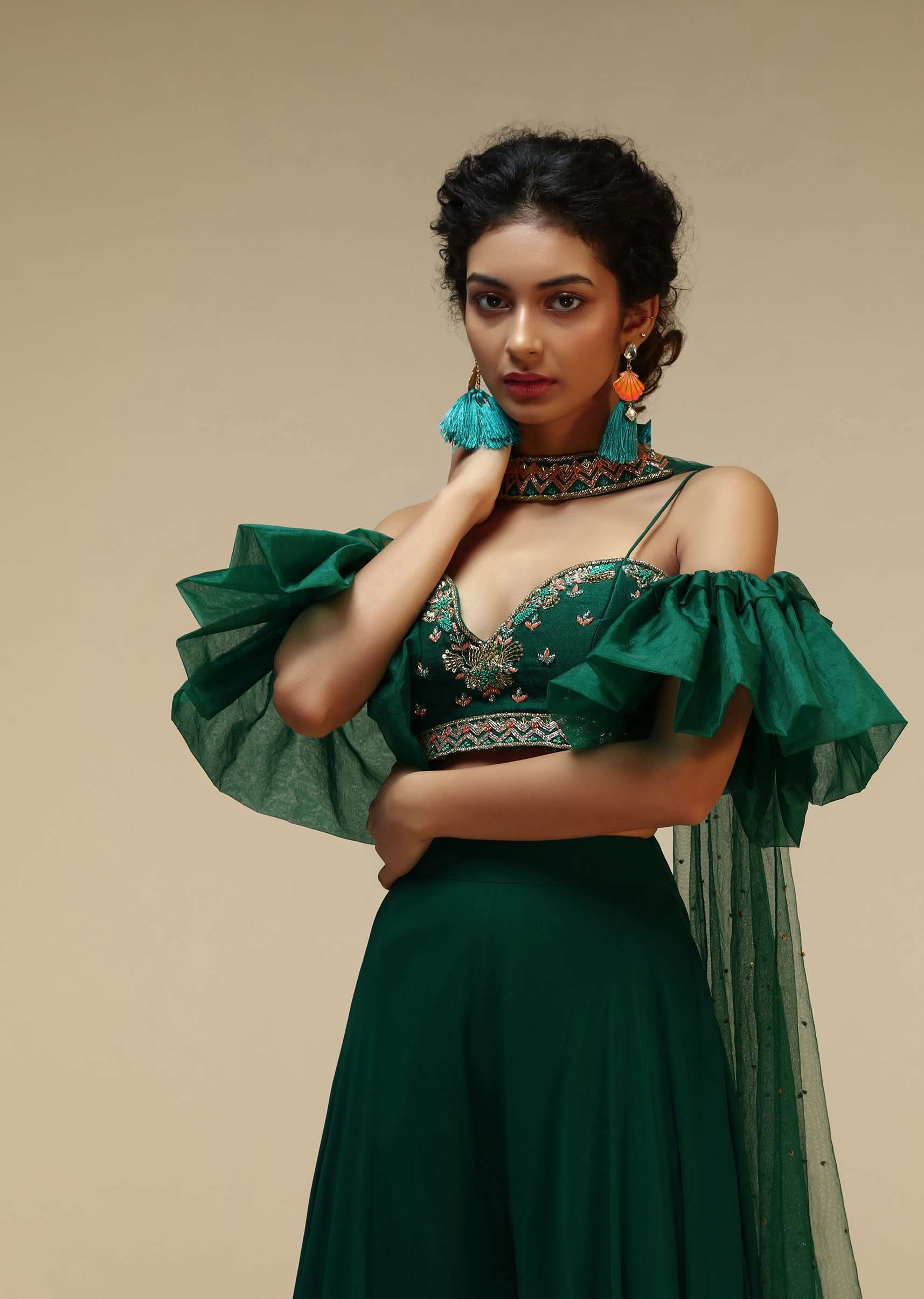Bottle Green Palazzo Suit With A Cold Shoulder Crop Top Featuring Short Bell Sleeves And Multi Colored Hand Embroidery - Image 4