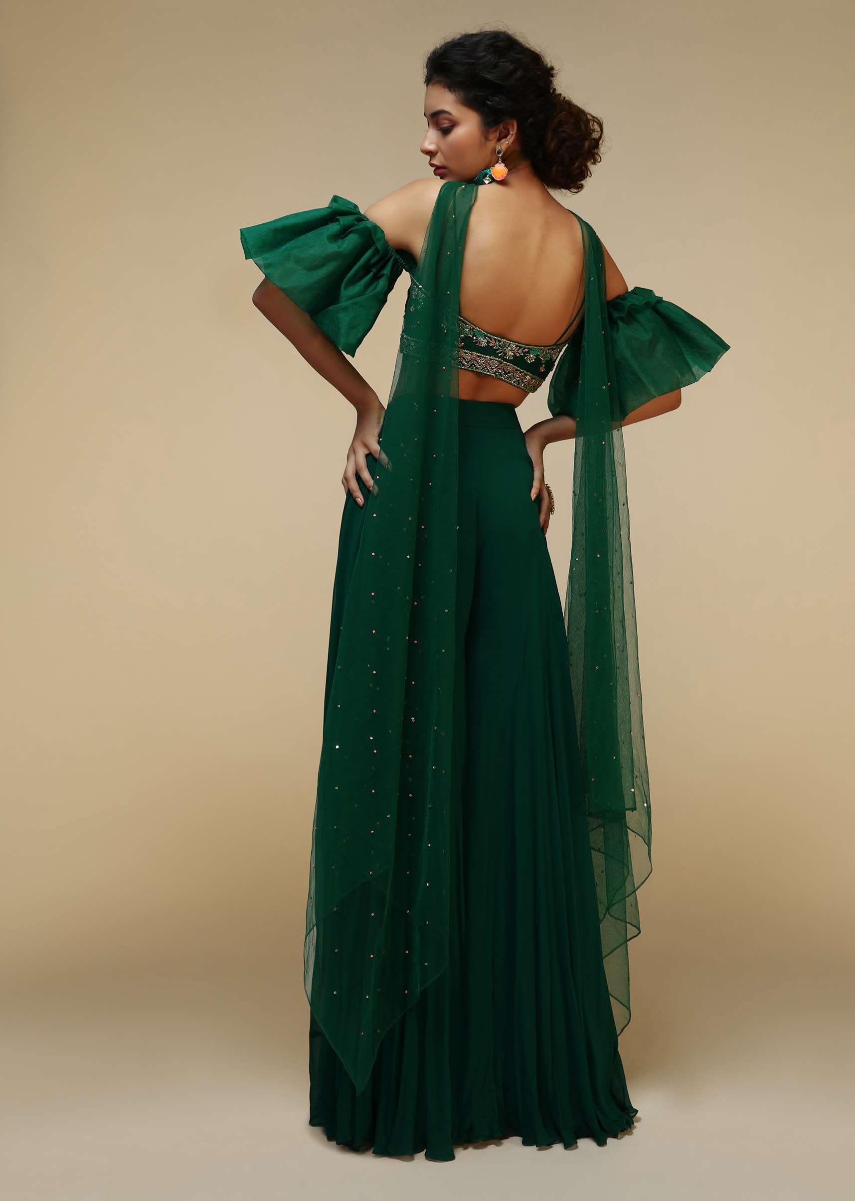 Bottle Green Palazzo Suit With A Cold Shoulder Crop Top Featuring Short Bell Sleeves And Multi Colored Hand Embroidery - Image 5