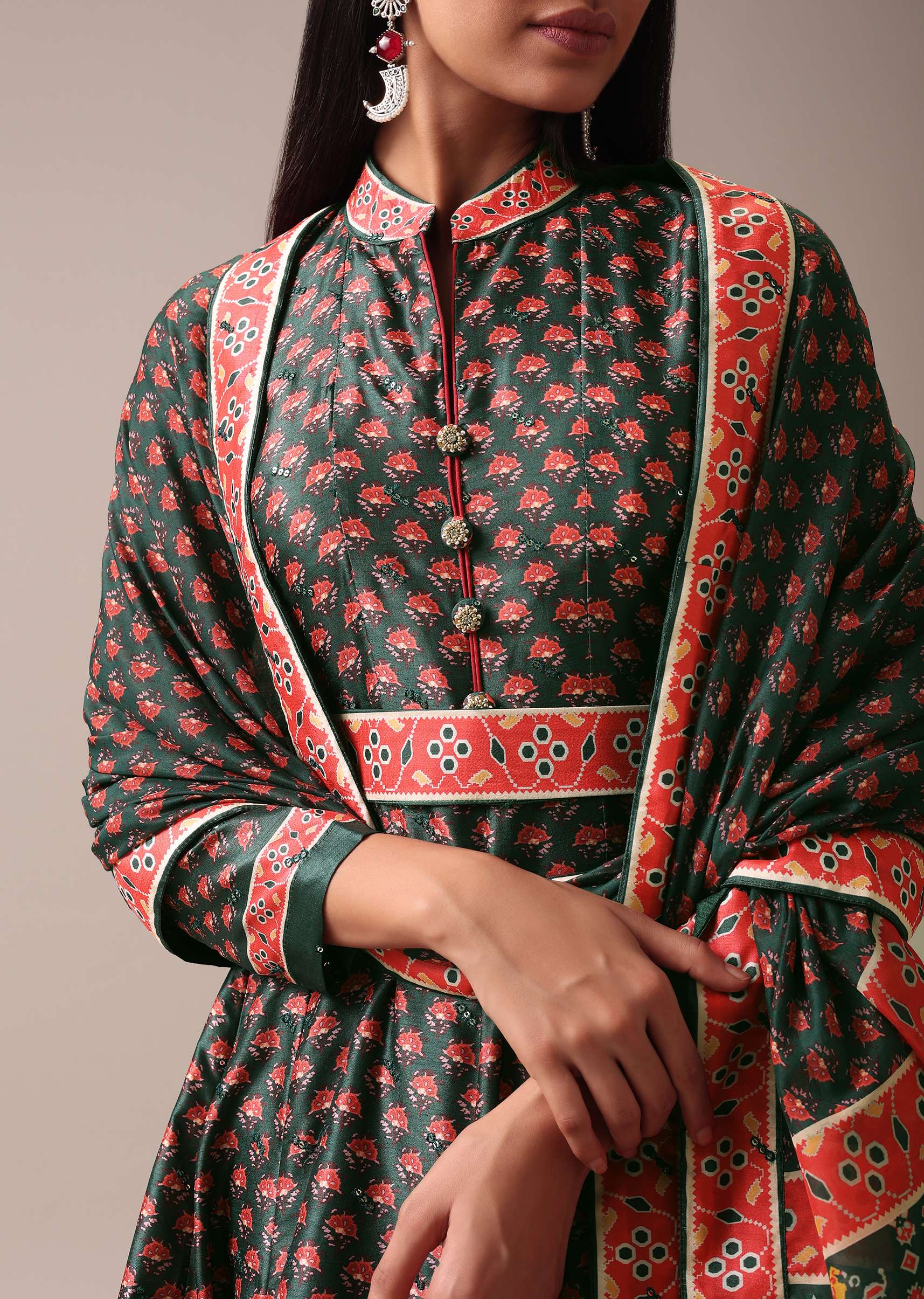 Bottle Green Printed Anarkali Suit Set In Tussar Silk - Image 2