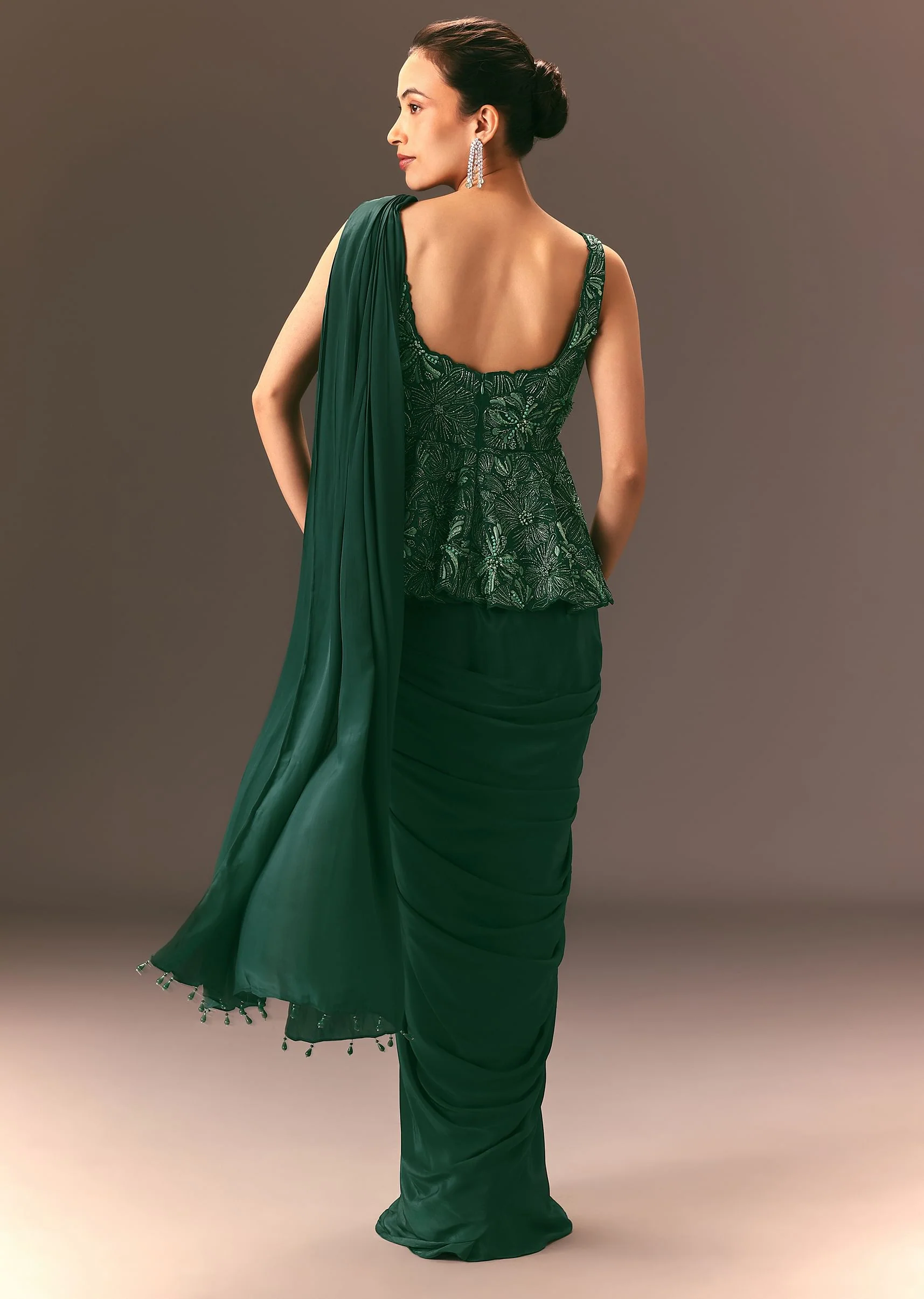 Bottle Green Raw Silk Pre Stitched Saree With Peplum Blouse - Image 5