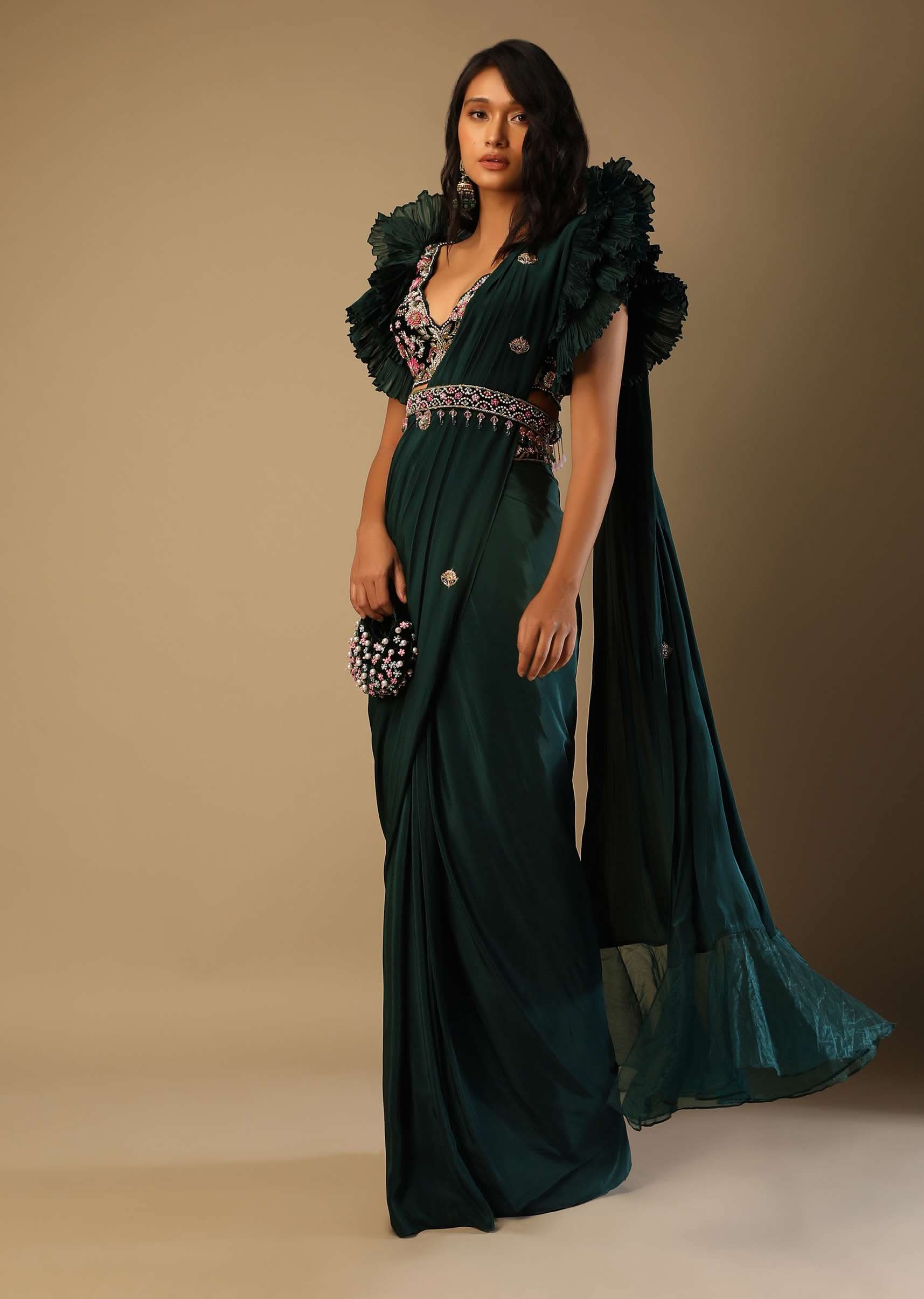 Bottle Green Readymade Saree With A Colorful Hand Embroidered Blouse With Fancy Layered Frill Sleeves - Image 3