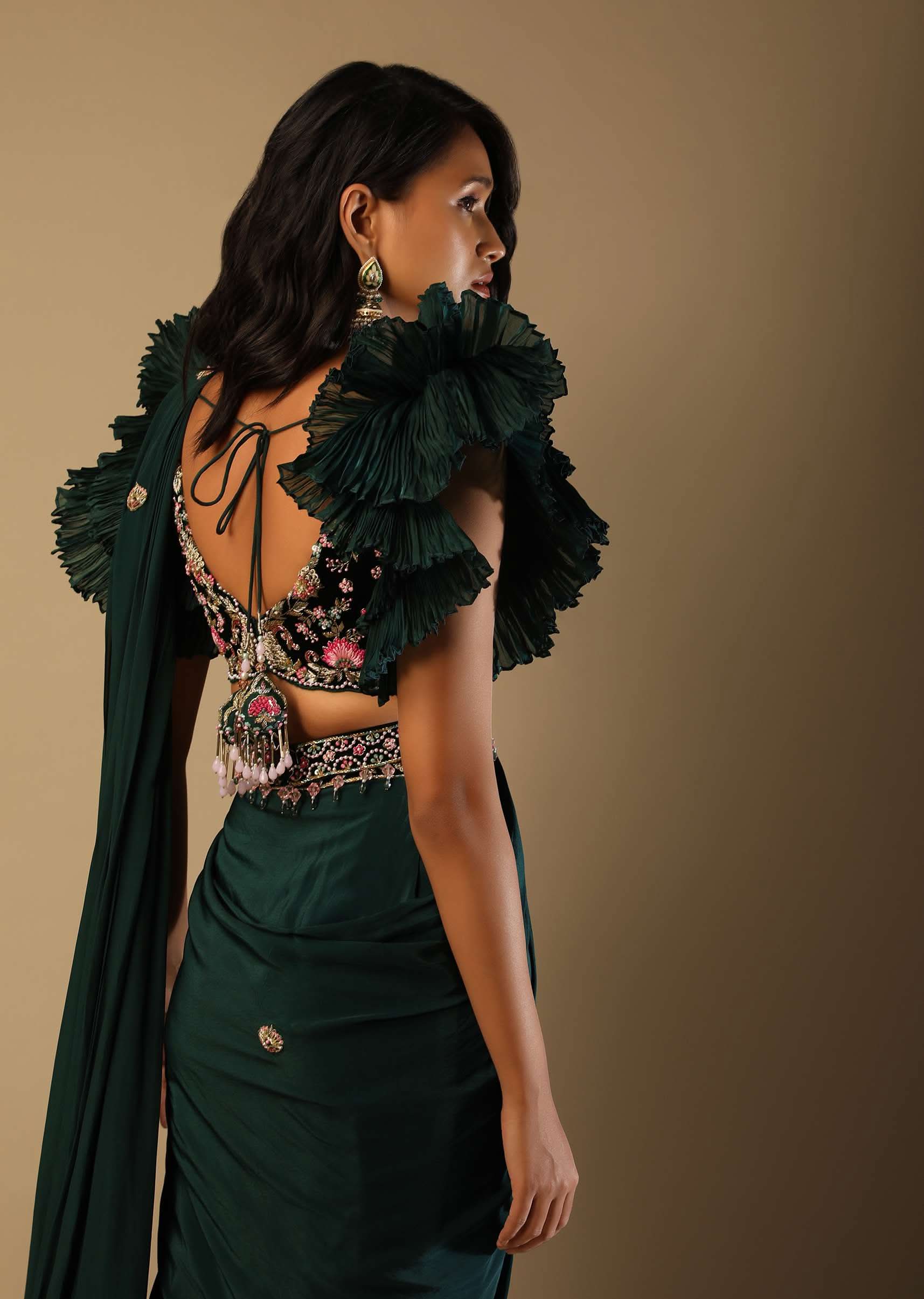 Bottle Green Readymade Saree With A Colorful Hand Embroidered Blouse With Fancy Layered Frill Sleeves - Image 7