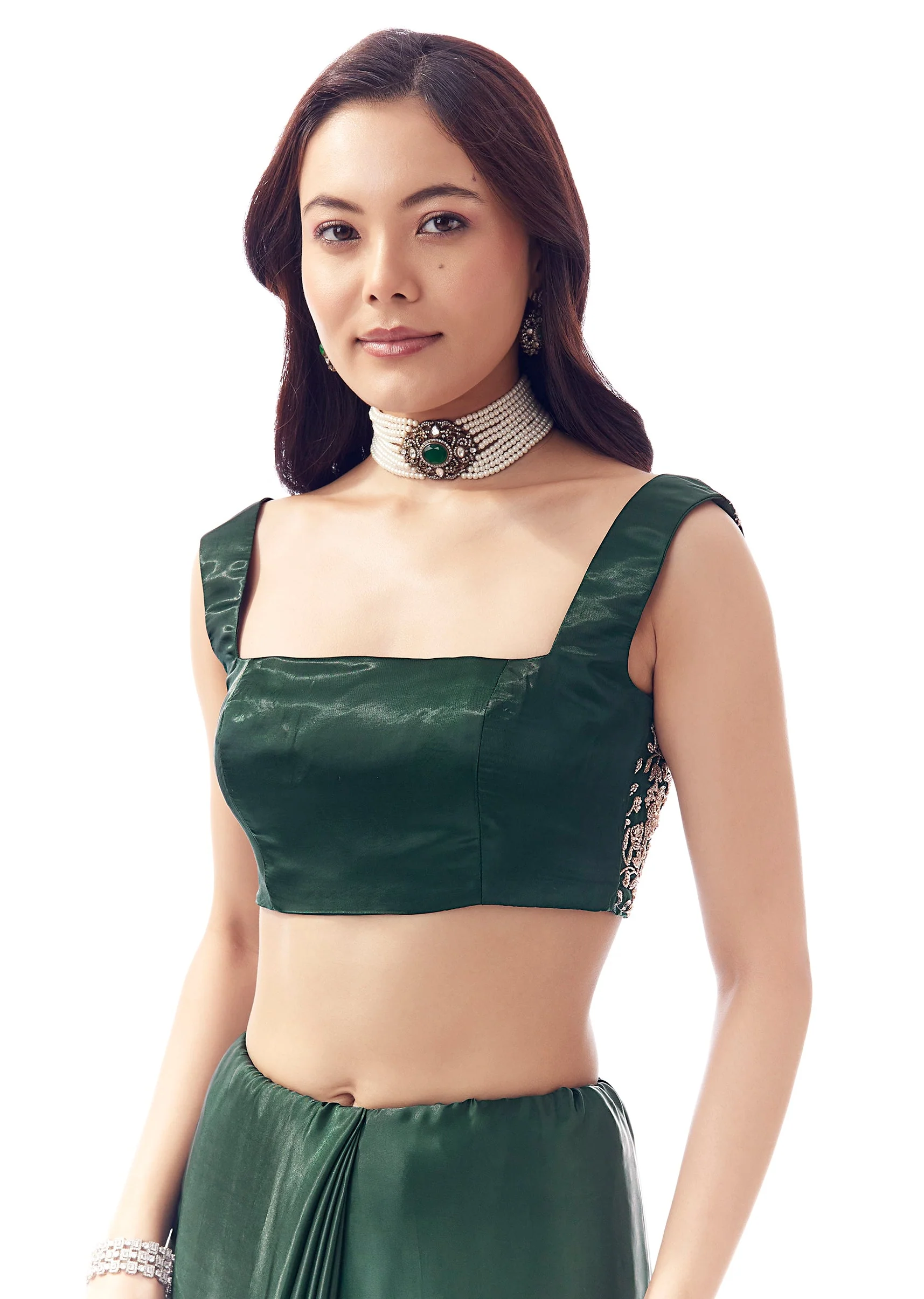 Bottle Green Tissue Silk Saree With Heavy Floral Embroidered Butti Border - Image 7