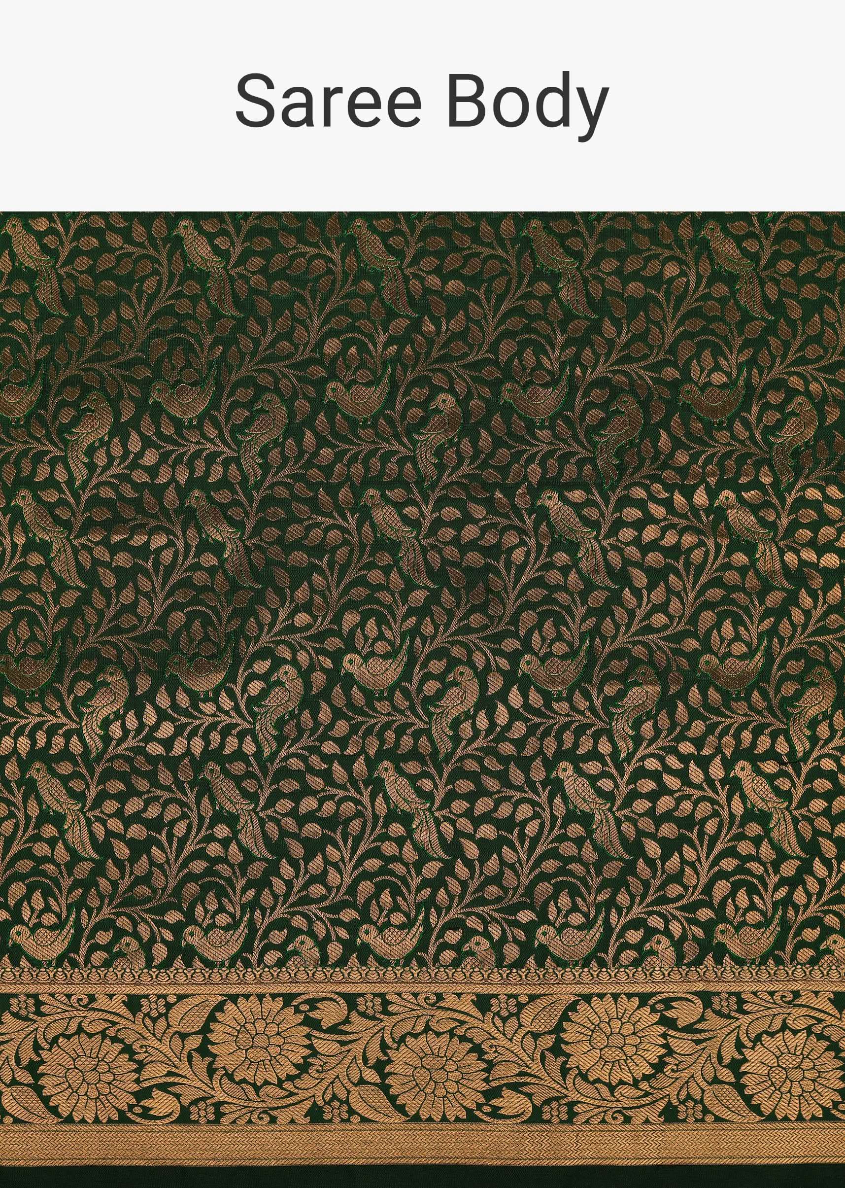 Bottle Green Woven Kanjivaram Saree In Pure Silk With Unstitched Blouse - Image 4