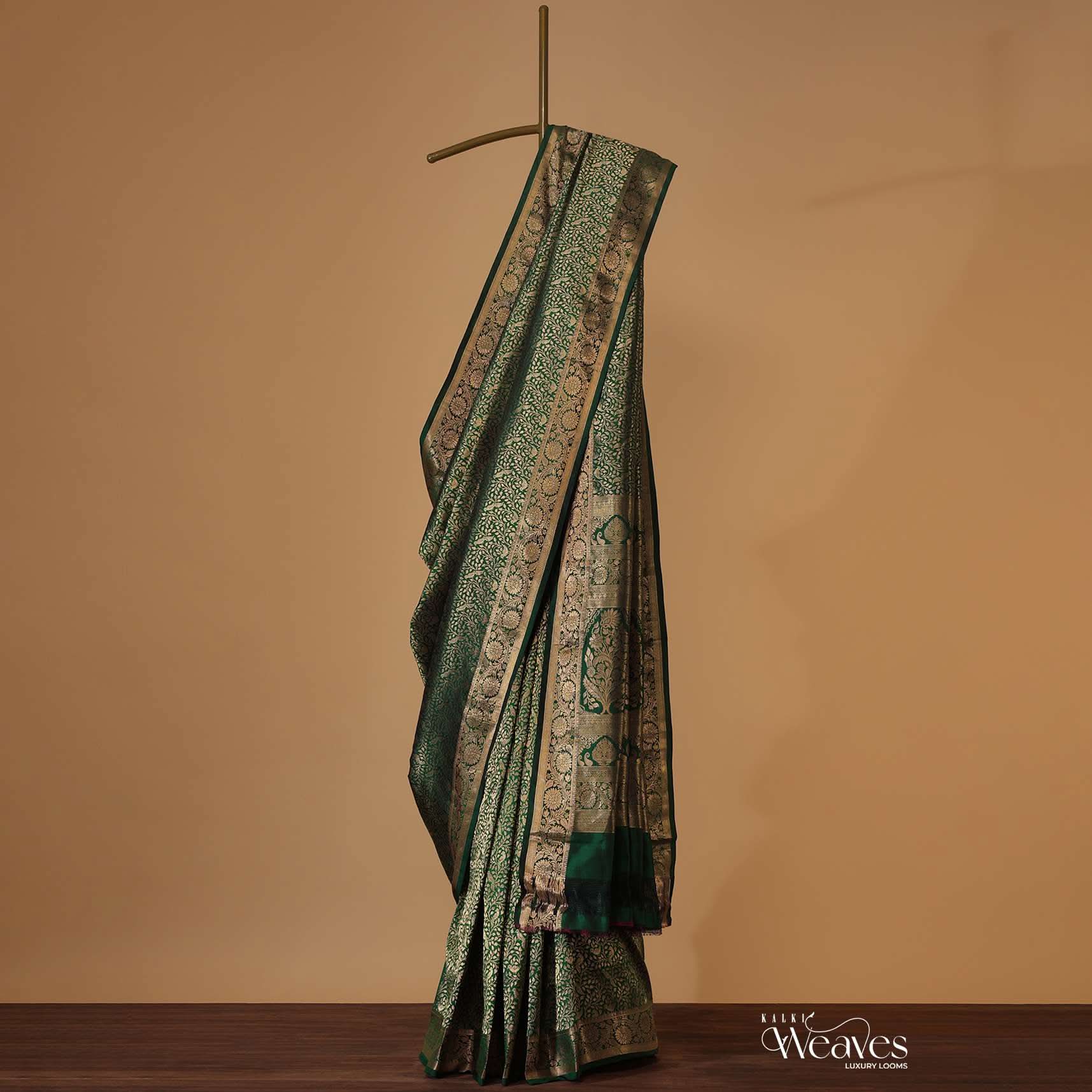 Bottle Green Woven Kanjivaram Saree In Pure Silk With Unstitched Blouse - Image 6