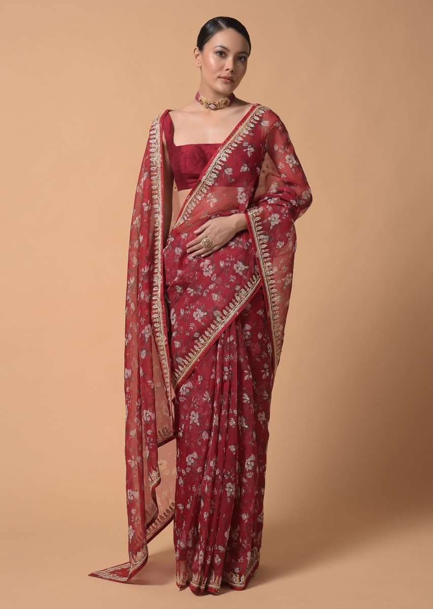 Brick Red Saree In Organza With Floral Print And Moti Accents - Image 2