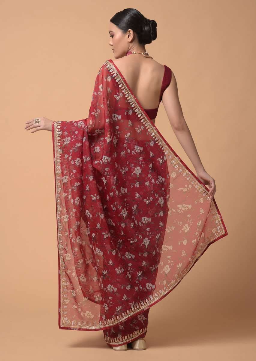 Brick Red Saree In Organza With Floral Print And Moti Accents - Image 3