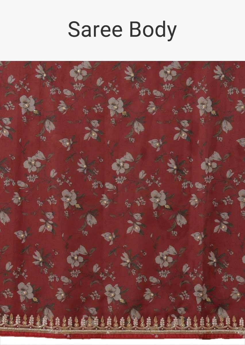 Brick Red Saree In Organza With Floral Print And Moti Accents - Image 4
