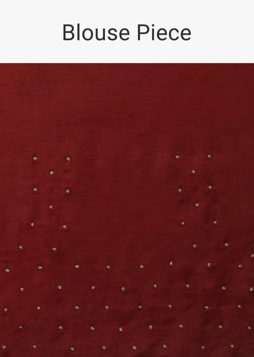 Brick Red Saree In Organza With Floral Print And Moti Accents - Image 5