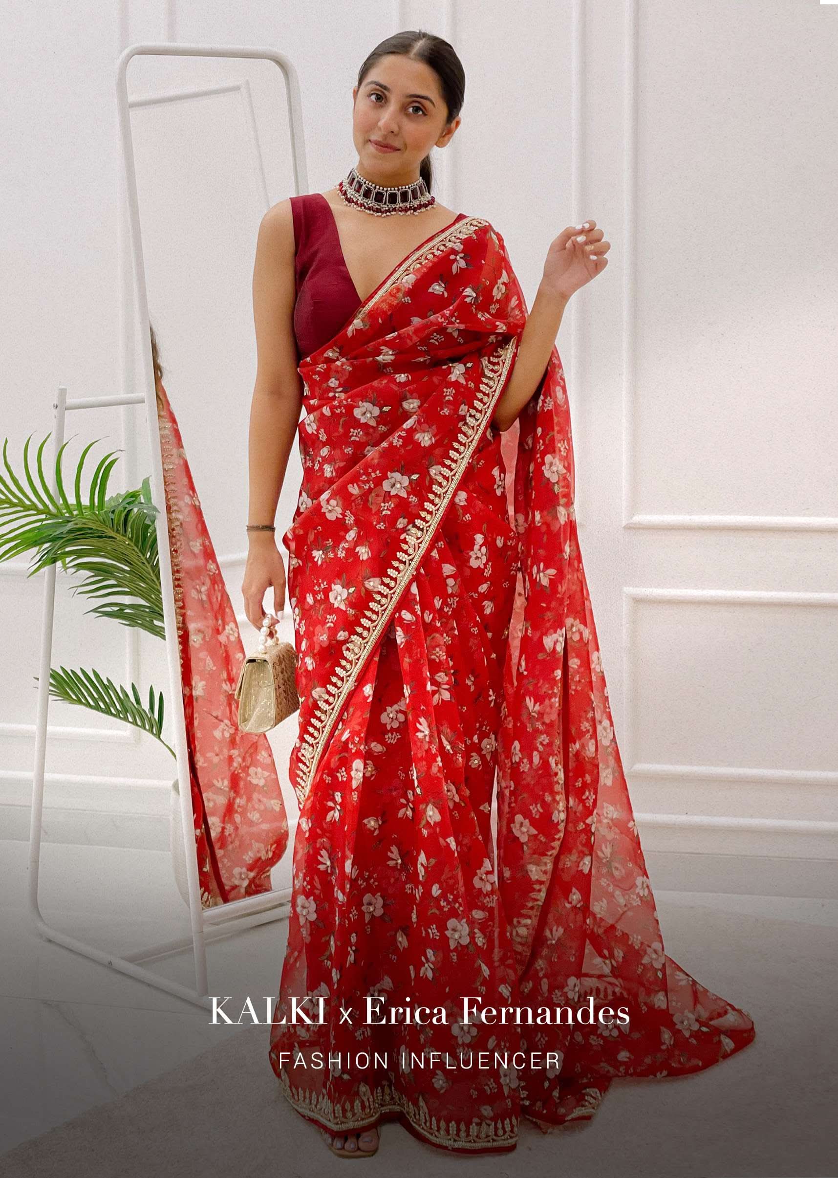 Brick Red Saree In Organza With Floral Print And Moti Accents - Image 6