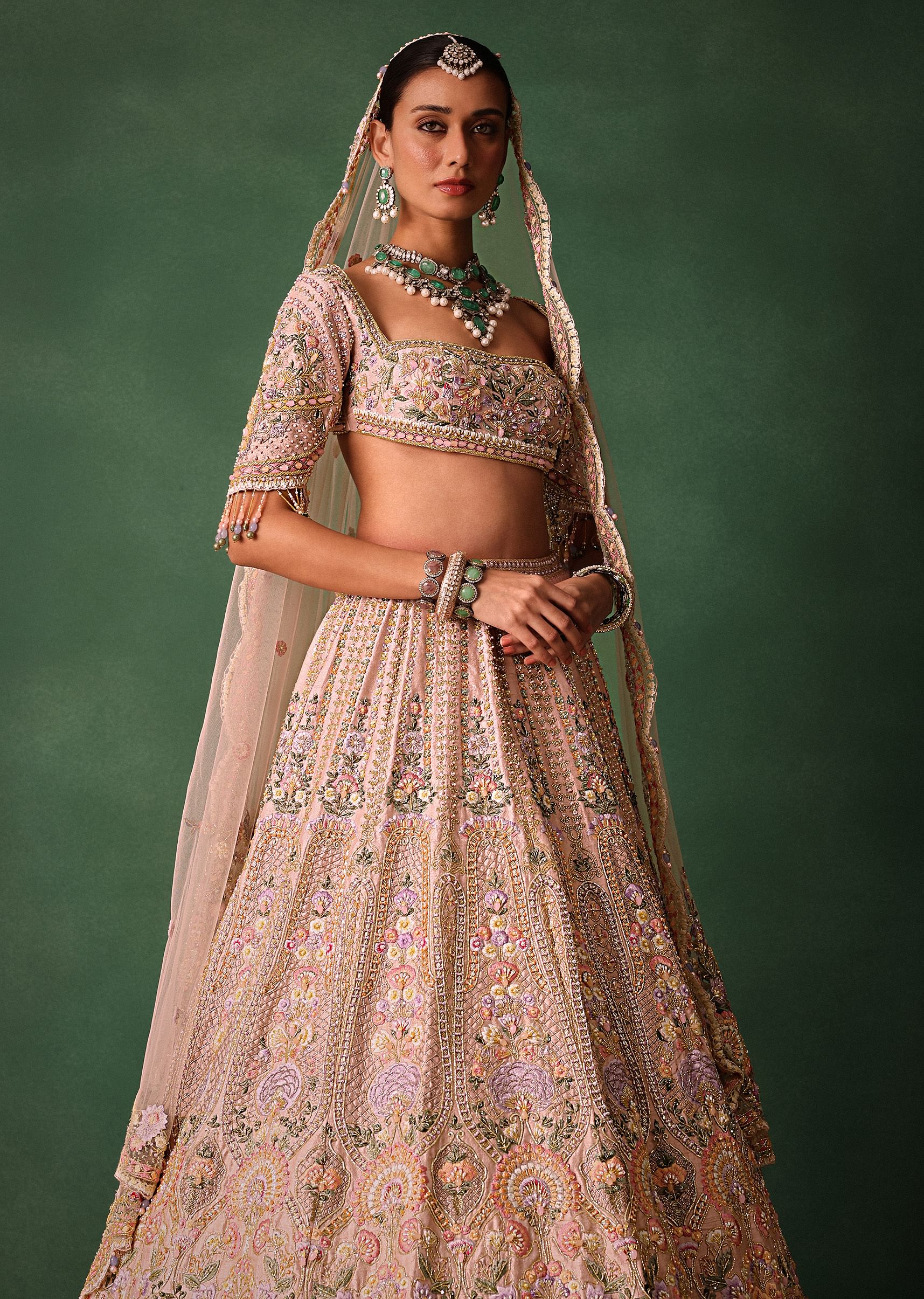 Bridal Pink Lehenga With Floral Embroidered Blouse And Scallop Dupatta - Image 4