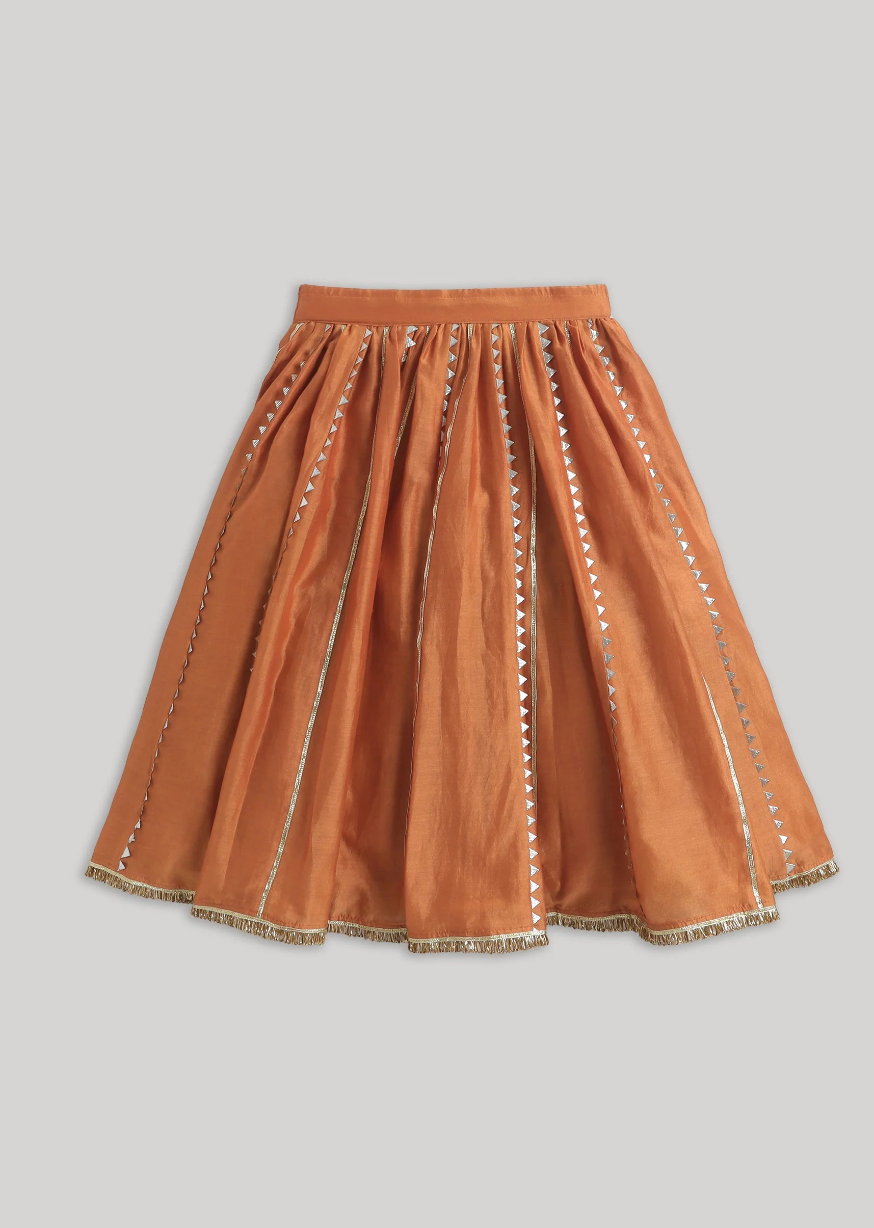 Bright Orange Gold Chanderi Lehenga Set With Classic Gotta Detailing - Image 6