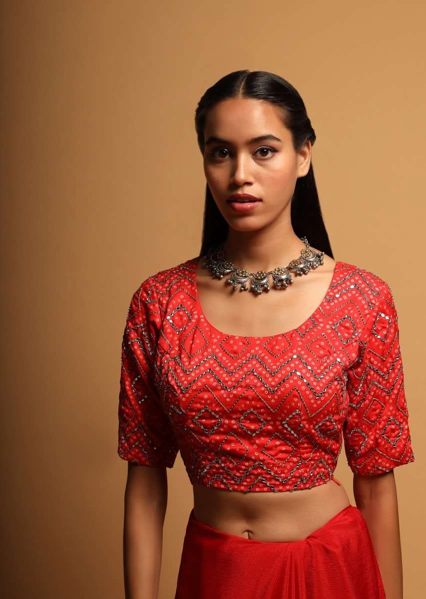Bright Red Blouse In Silk Blend With Bandhani Print And Mirror Embroidery In Geometric Design - Image 4