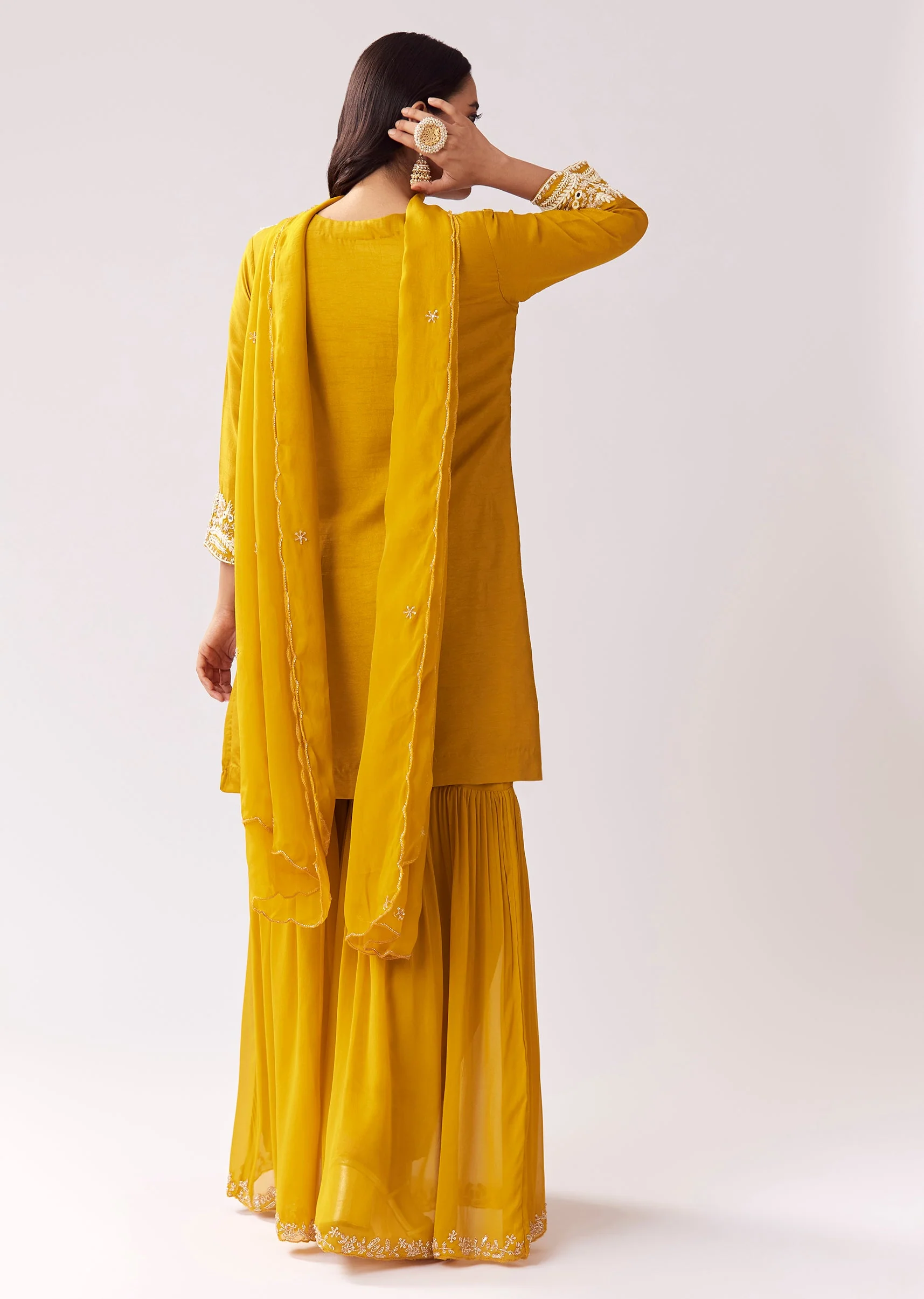 Bright Yellow Sharara Set With Mirror Work - Image 5