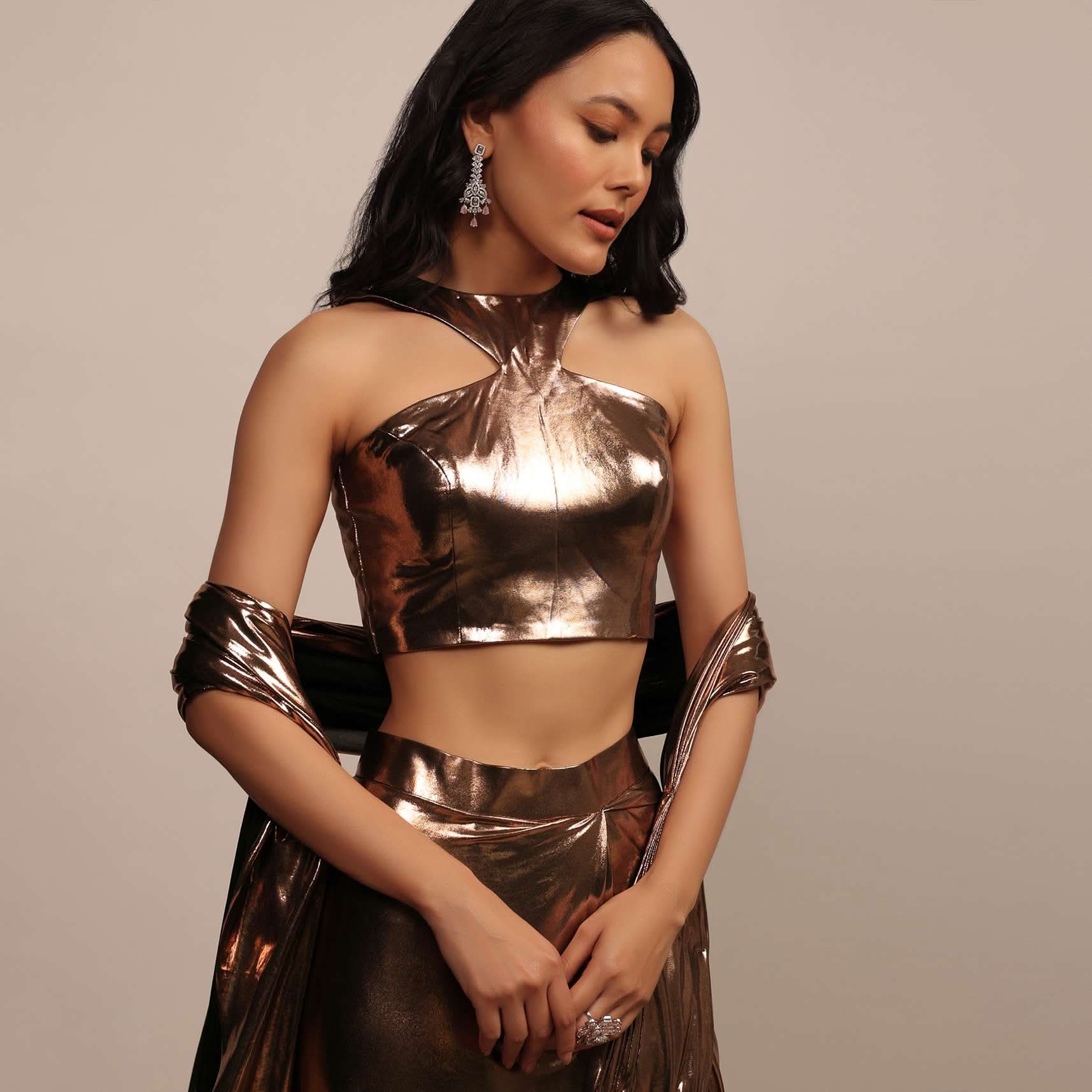 Bronze Brown Sleeveless Blouse in Lycra With Round Neckline - Image 3