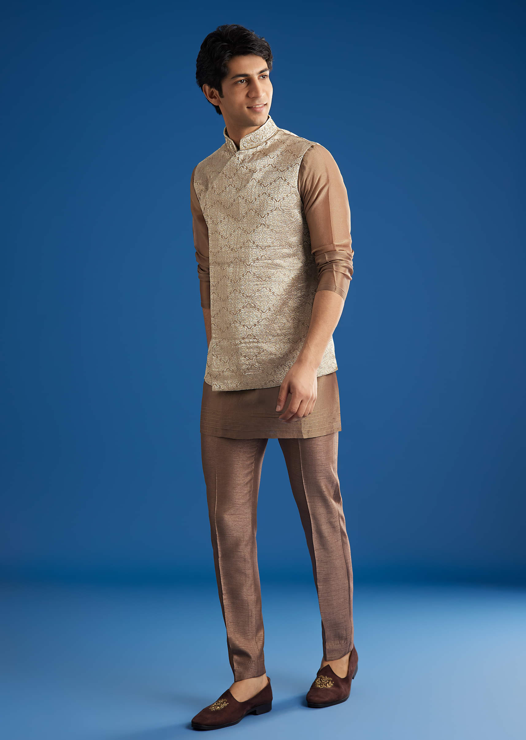 Brown Banarasi Silk Jacket Kurta Set With Cutdana Work - Image 2