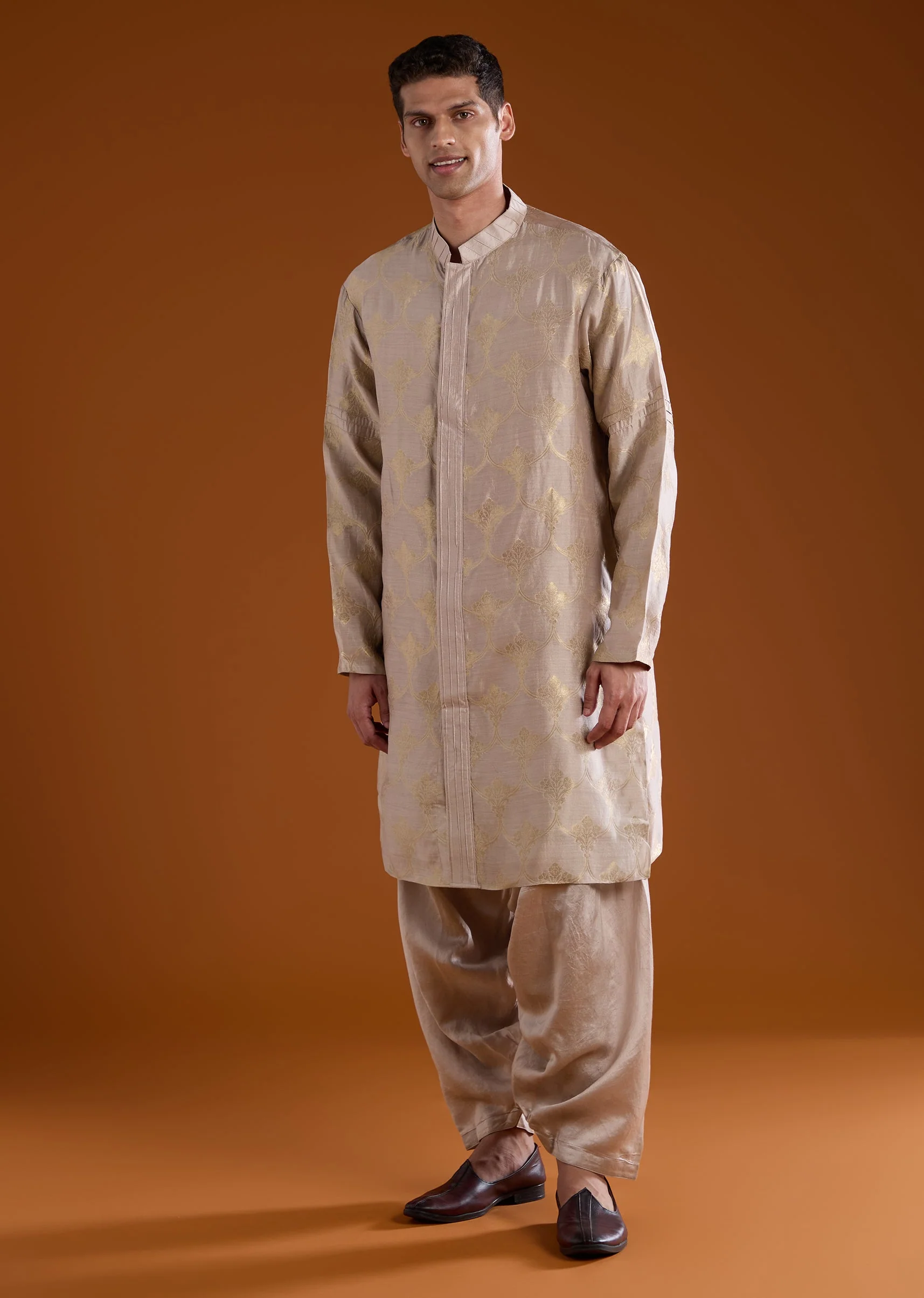 Brown Banarasi Silk Mens Kurta Pant Set