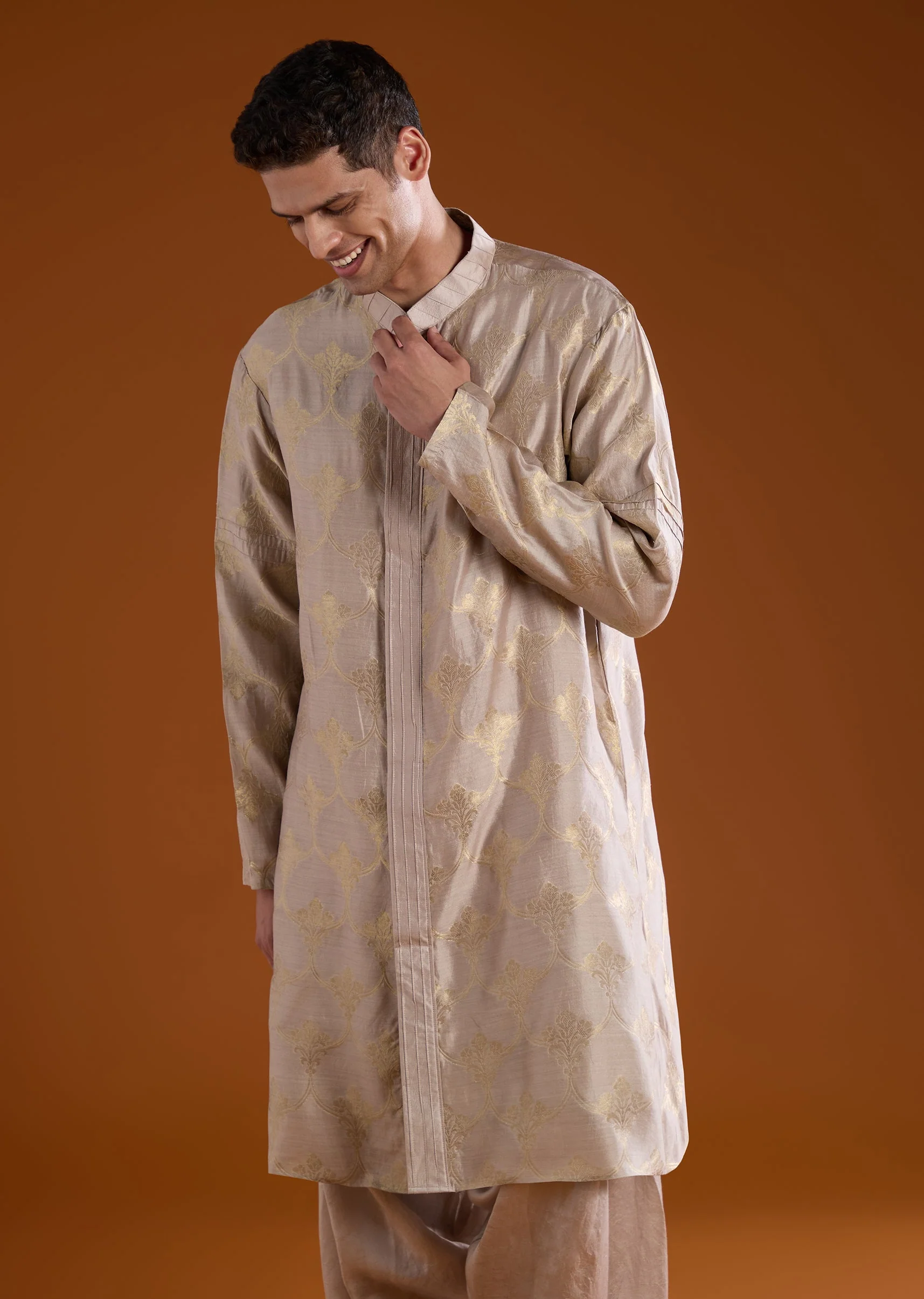 Brown Banarasi Silk Mens Kurta Pant Set - Image 4