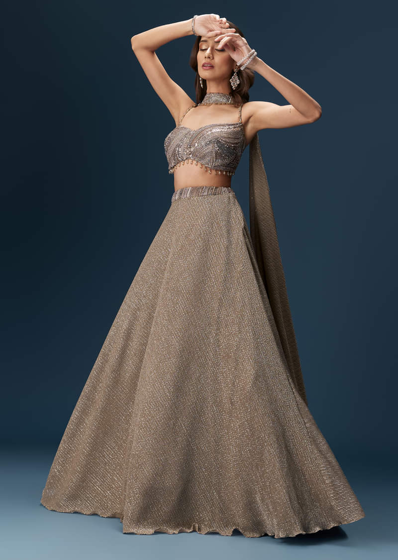 Brown Bridesmaid Lehenga With Choker Net Dupatta And Embellished Blouse - Image 2
