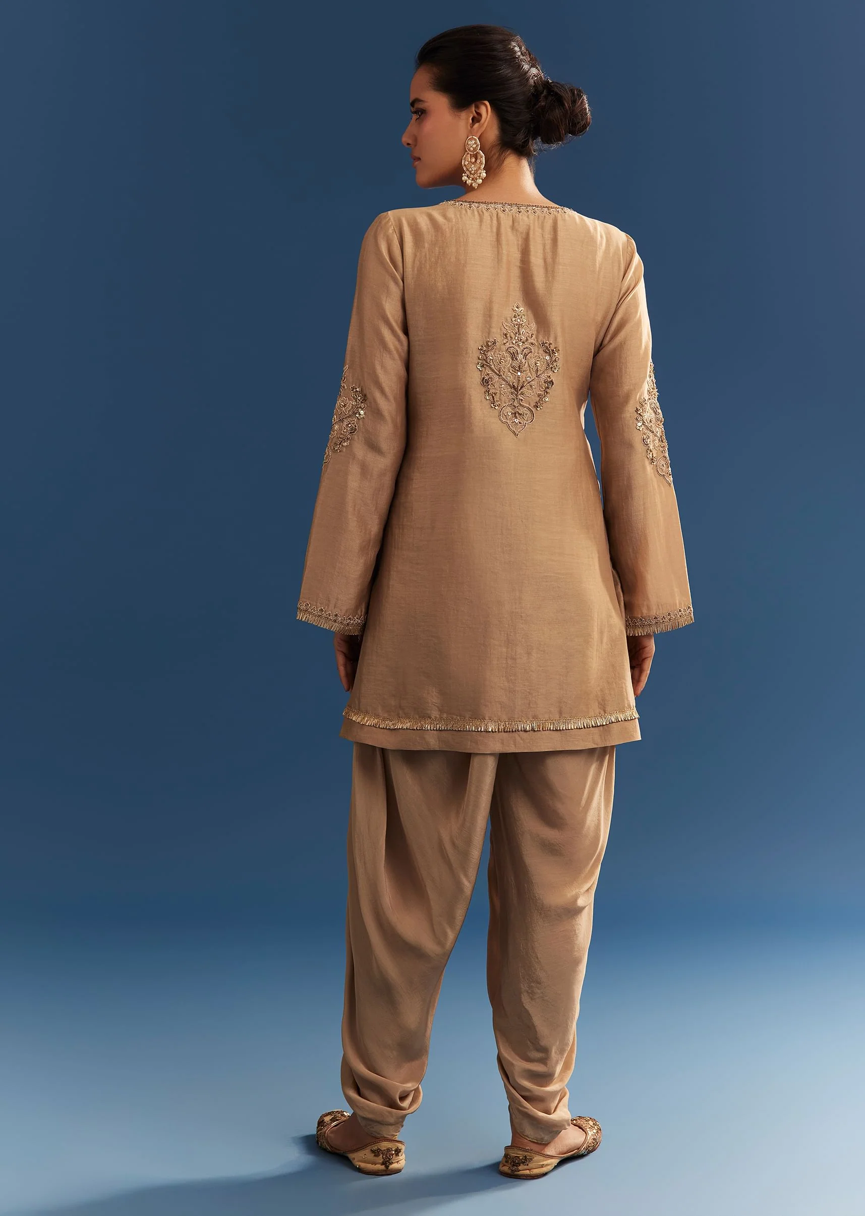 Brown Chanderi Embroidered Kurta Set With Crepe Dhoti And Gotta Detailing - Image 6