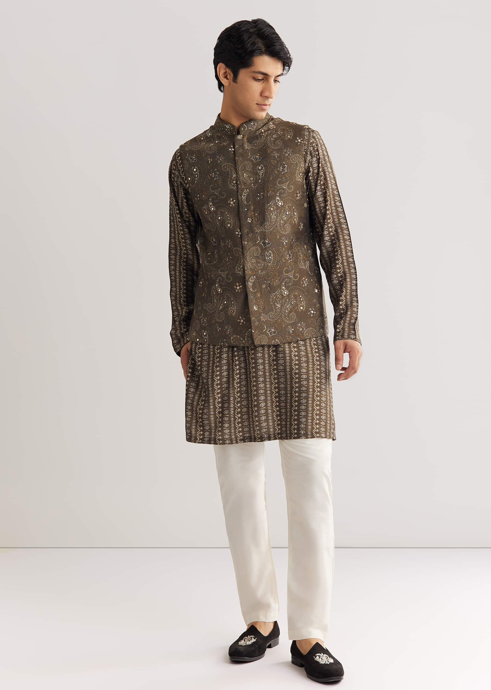 Brown Chanderi Silk Jacket Kurta Set With Mirror And Stone Work - Image 2