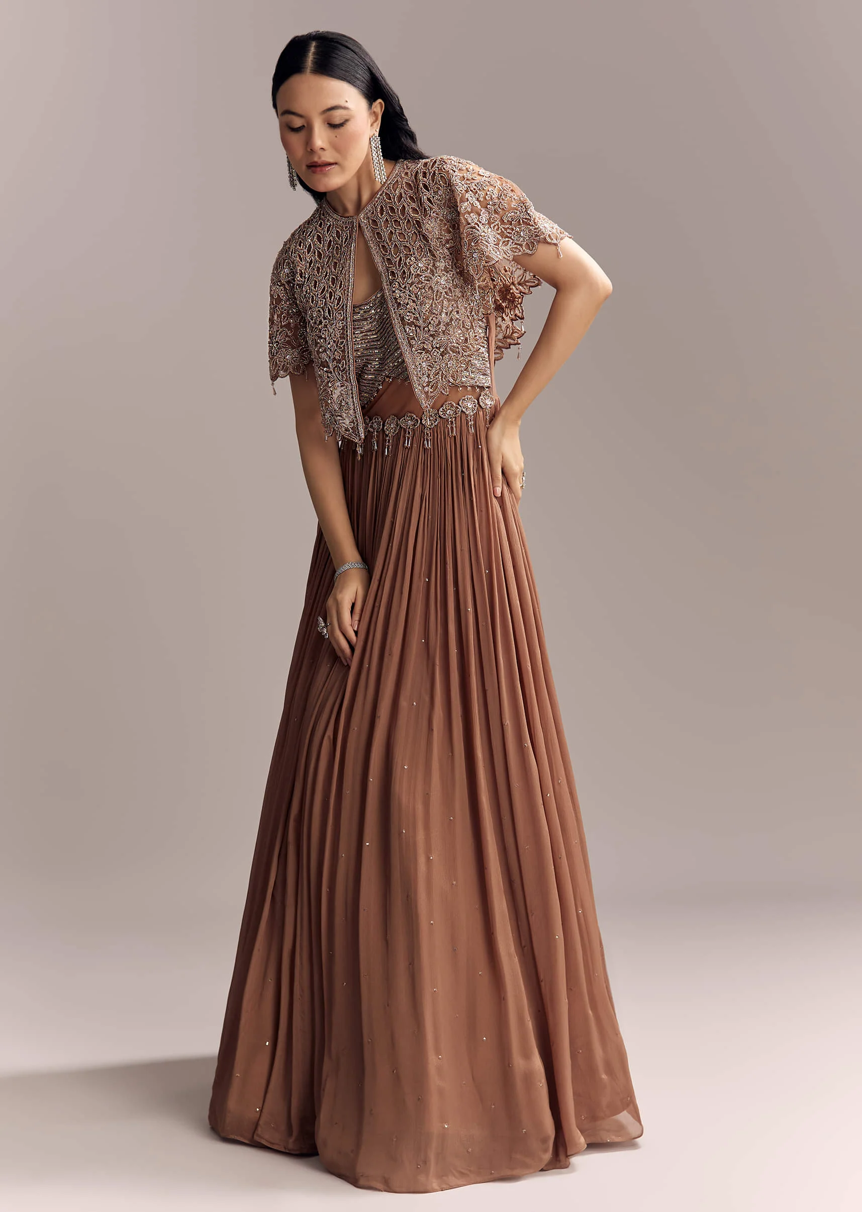 Brown Chinon Contemporary Gown With Embroidered Cape - Image 2