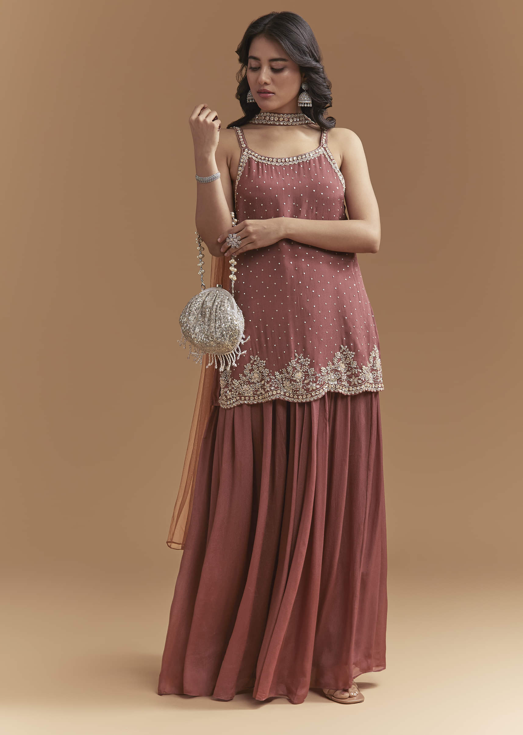 Brown Chinon Palazzo Suit With Sequins Hand Embroidery