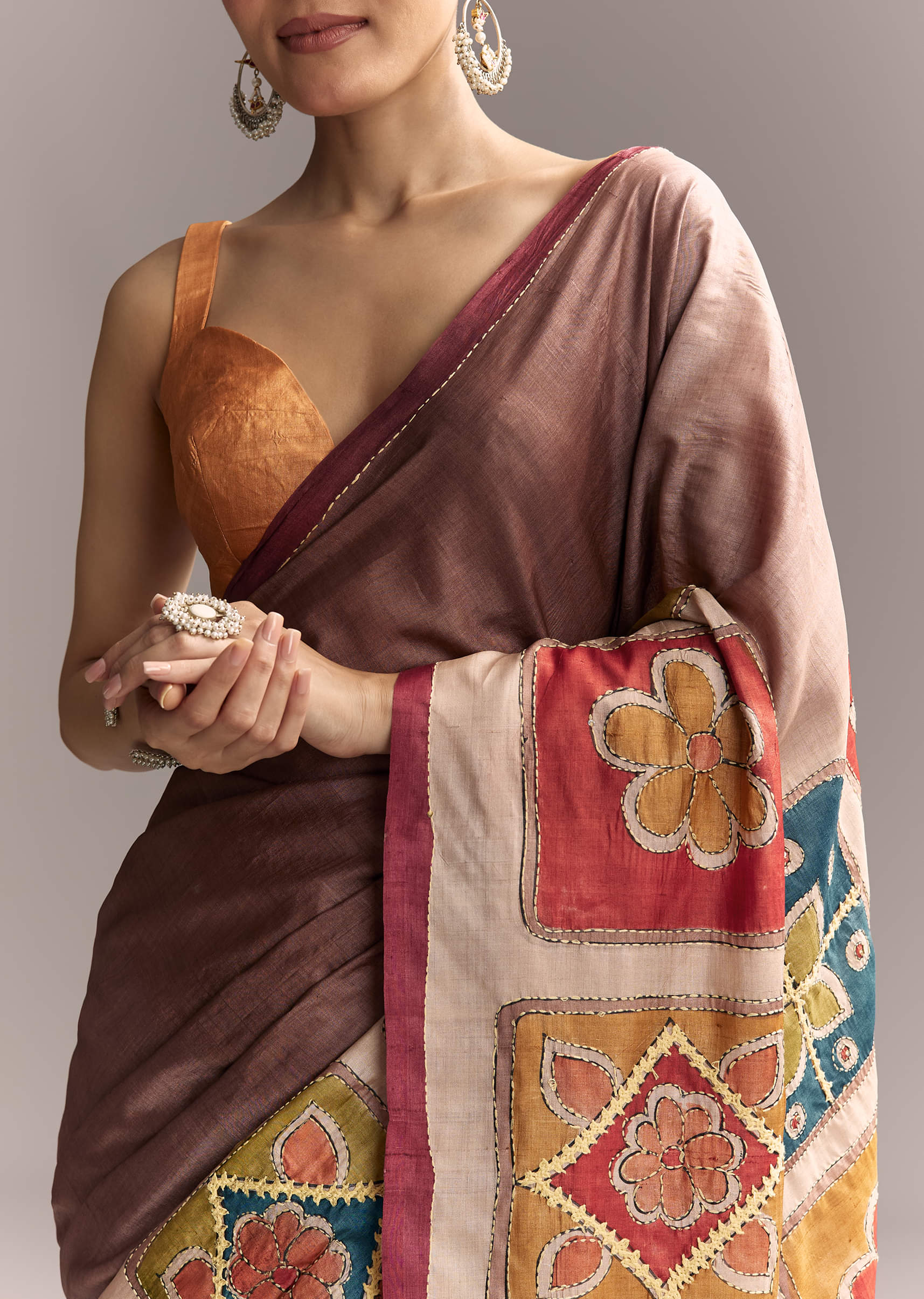 Brown Cotton Hand Painted Saree With Contrast Border - Image 2