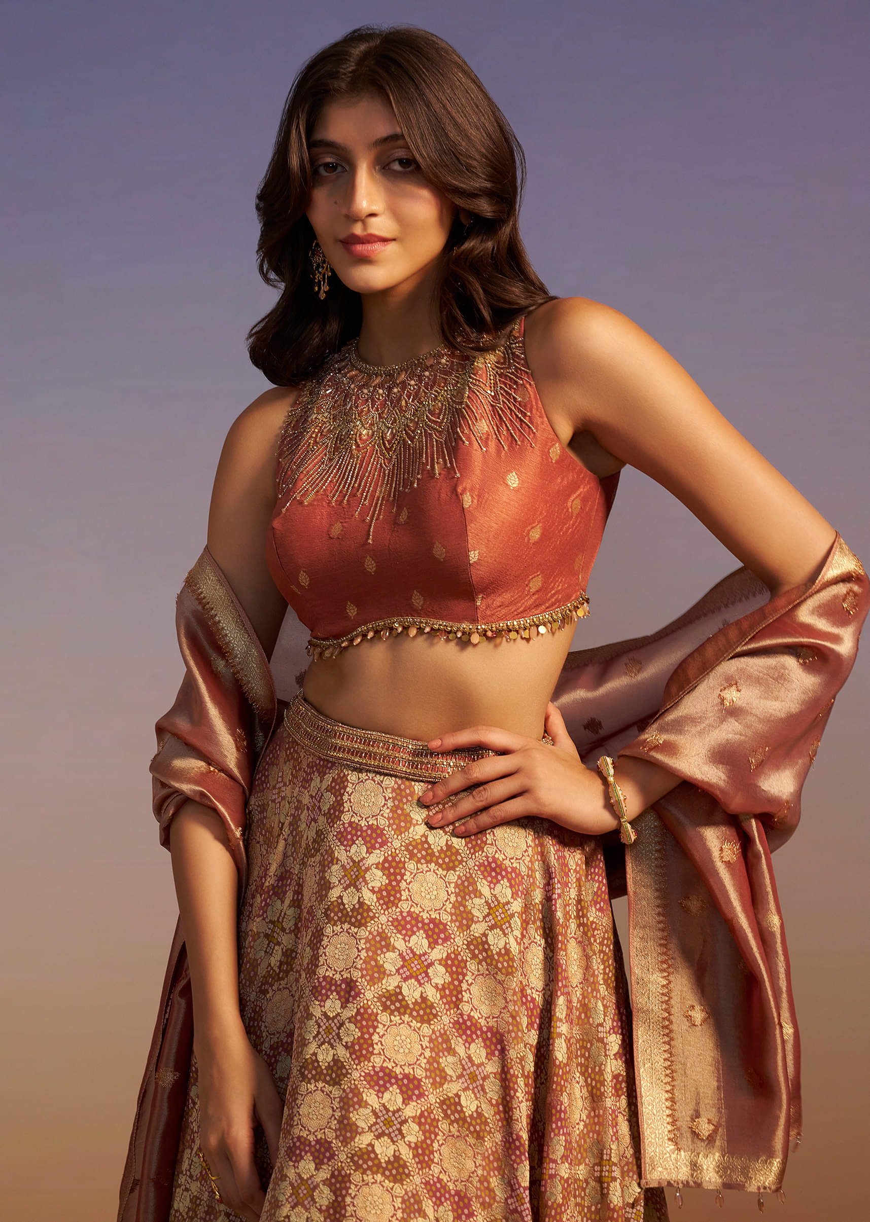 Brown Embroidered Blouse With Double Circular Lehenga And Tasseled Dupatta - Image 2