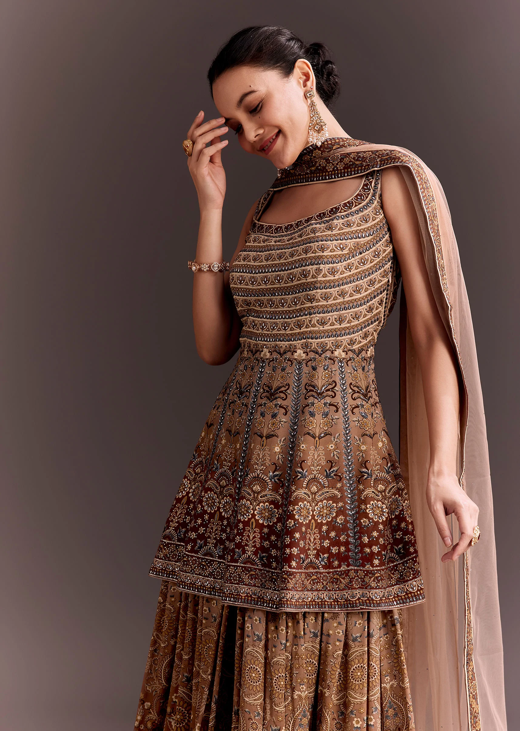 Brown Embroidered Palazzo Set With Peplum Kurta - Image 2