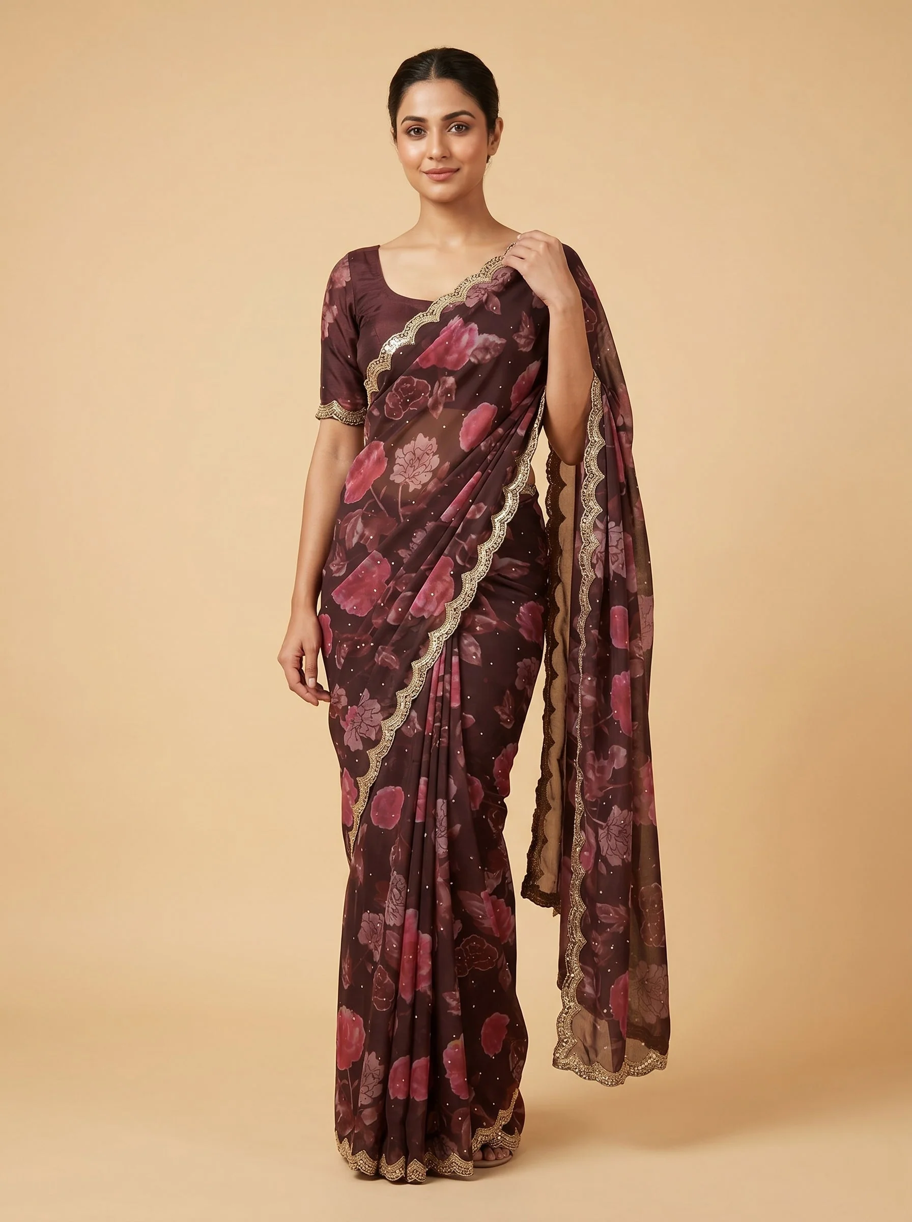 Brown Floral Printed Saree