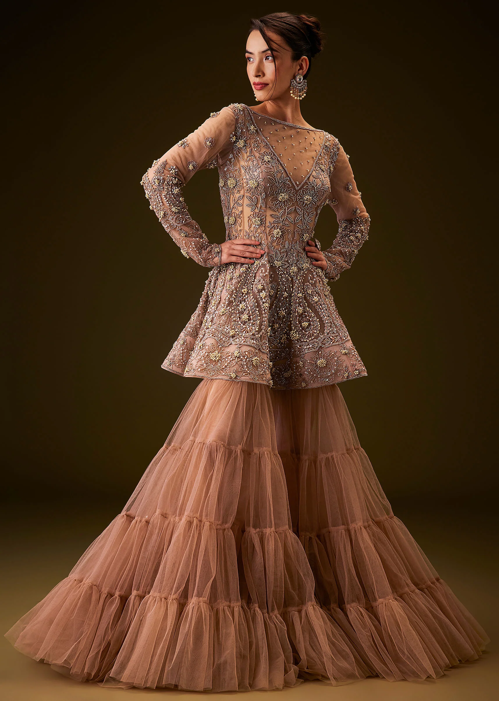 Brown Hand Embroidered Sharara Set - Image 3