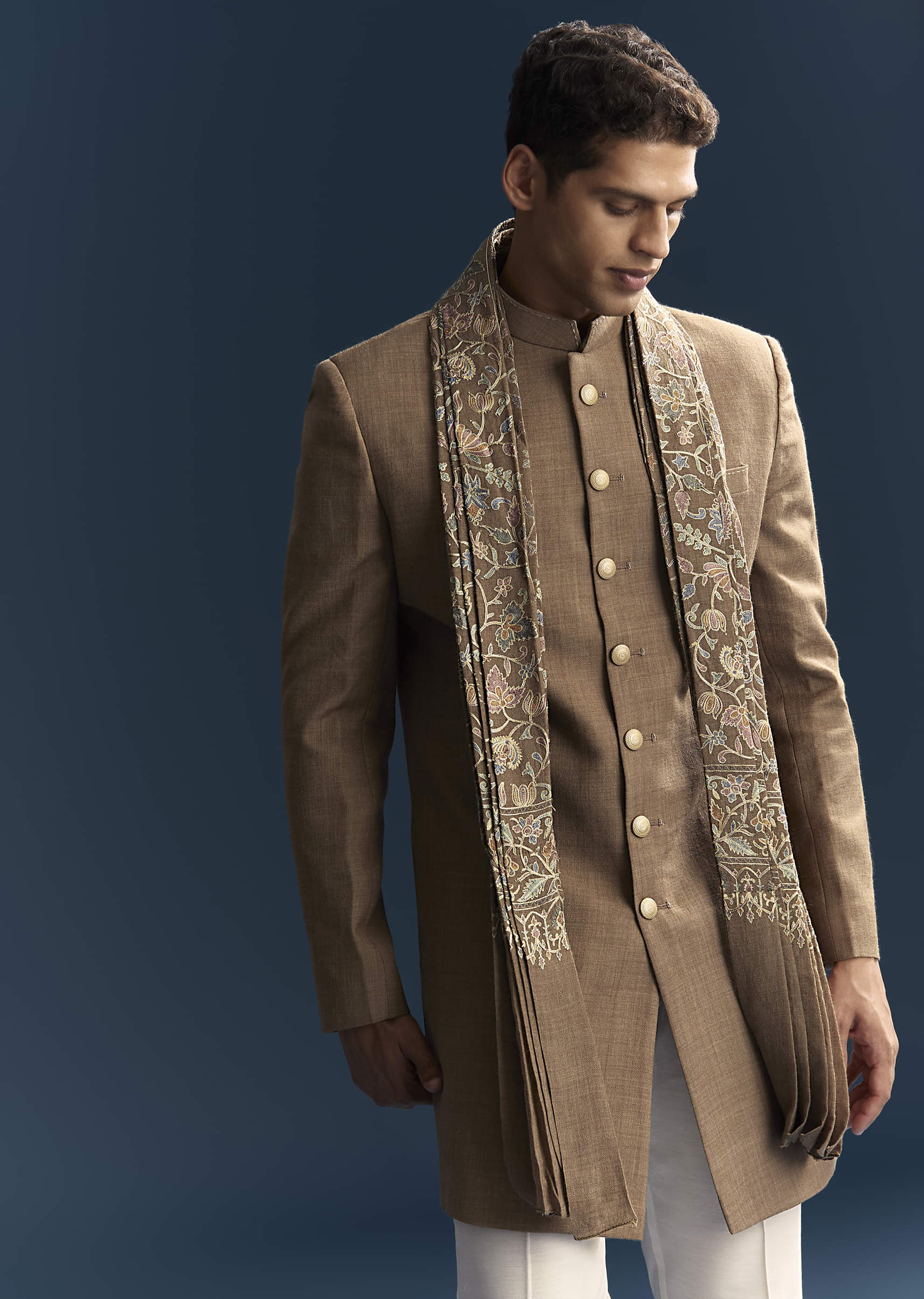 Brown Jacquard Indo Western Set For Men With Embroidered Stole - Image 5