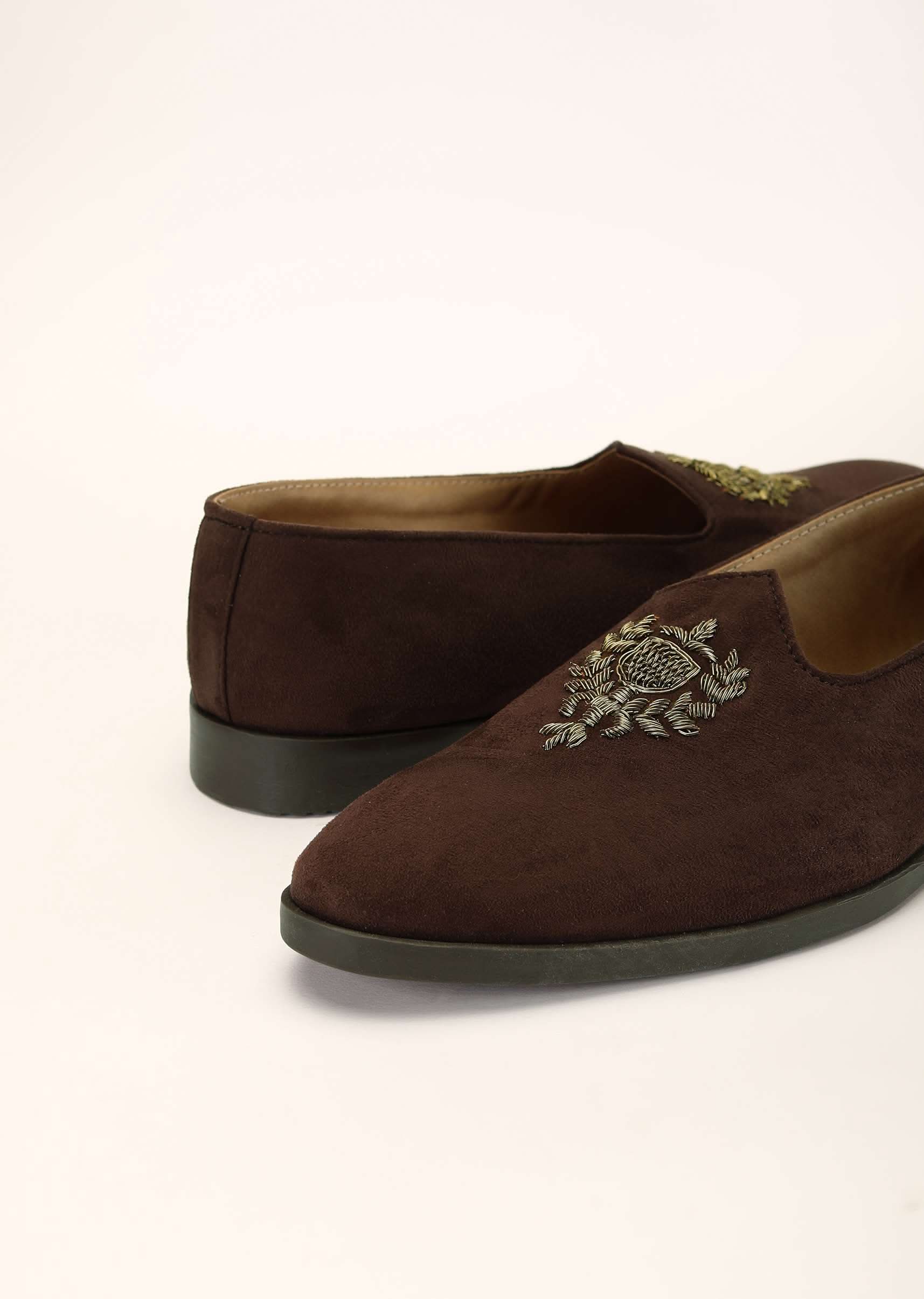Brown Juttis In Suede With Zardosi Embroidered Motif - Image 2