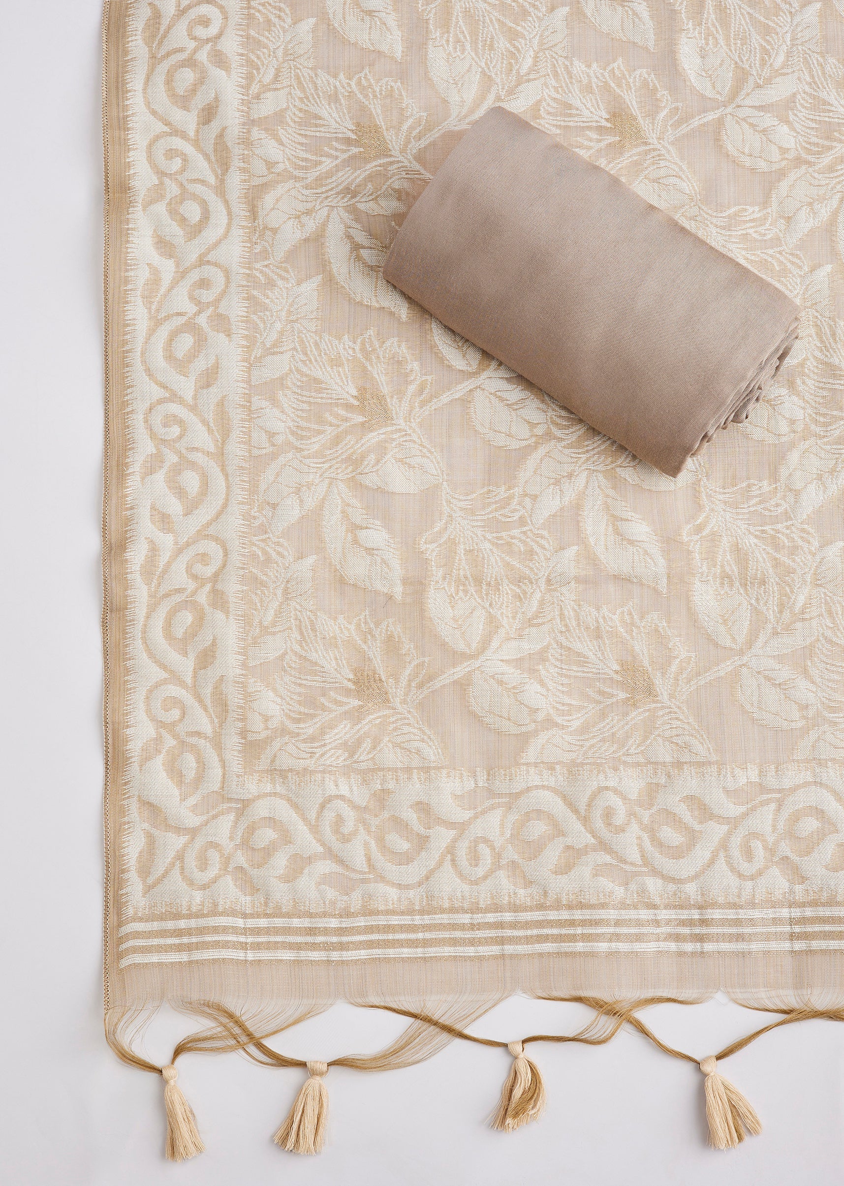 Brown Linen Embroidered Unstitched Suit Set With Dupatta - Image 4