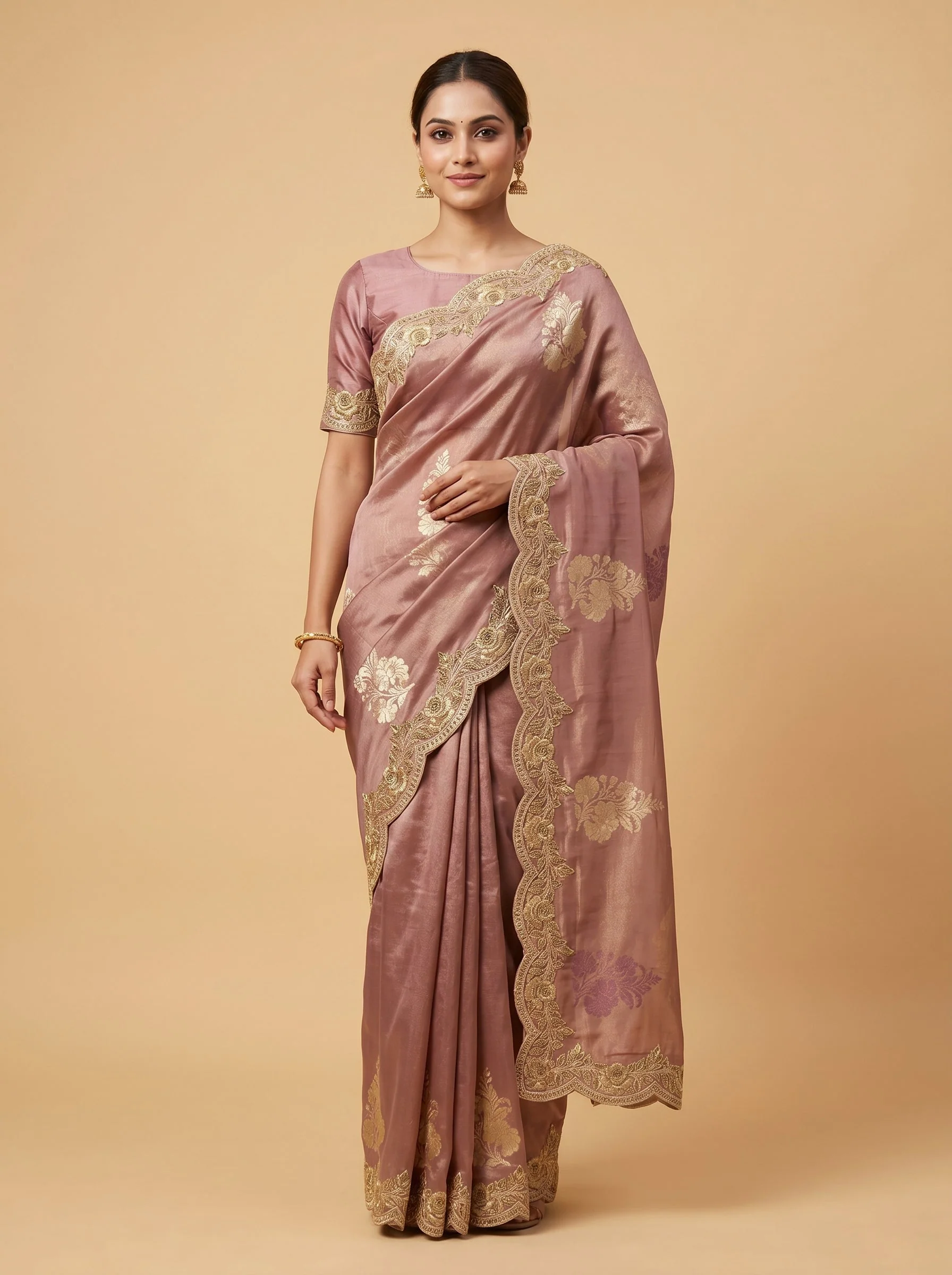 Brown Muted Tone Embroidered Saree