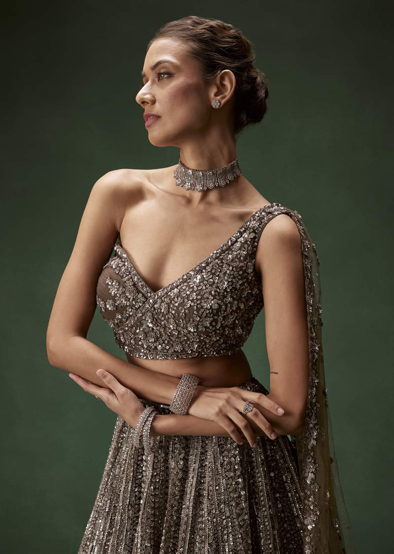 Brown One Shoulder Bridal Lehenga Set With All Over Sequins - Image 3