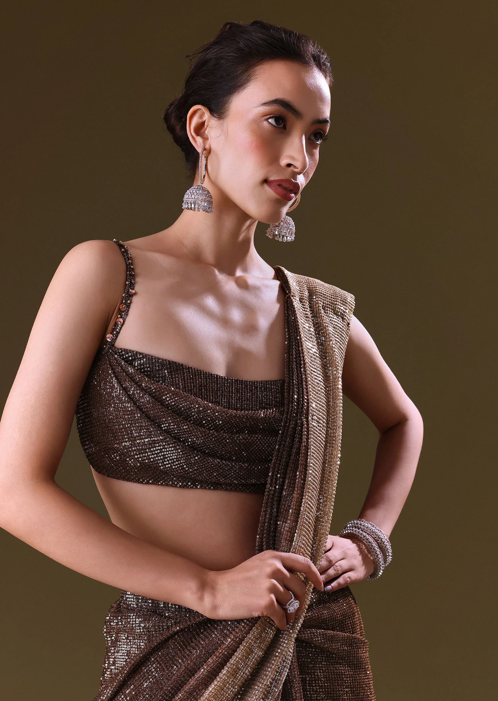 Brown Pre Stitched Saree With Cowl Blouse - Image 2