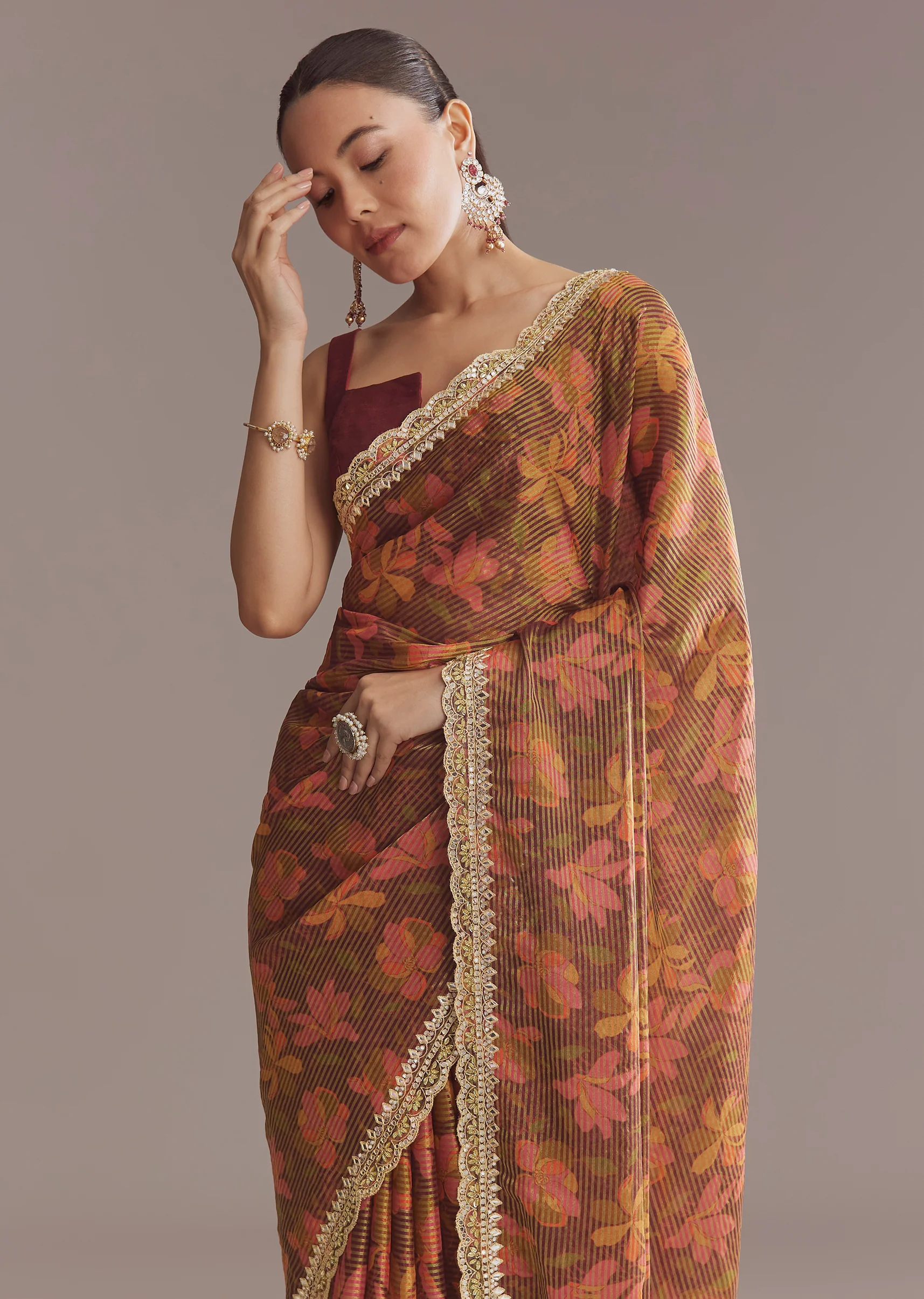 Brown Printed Tissue Lurex Saree With Zari Mirror And Cutdana Embroidery - Image 5