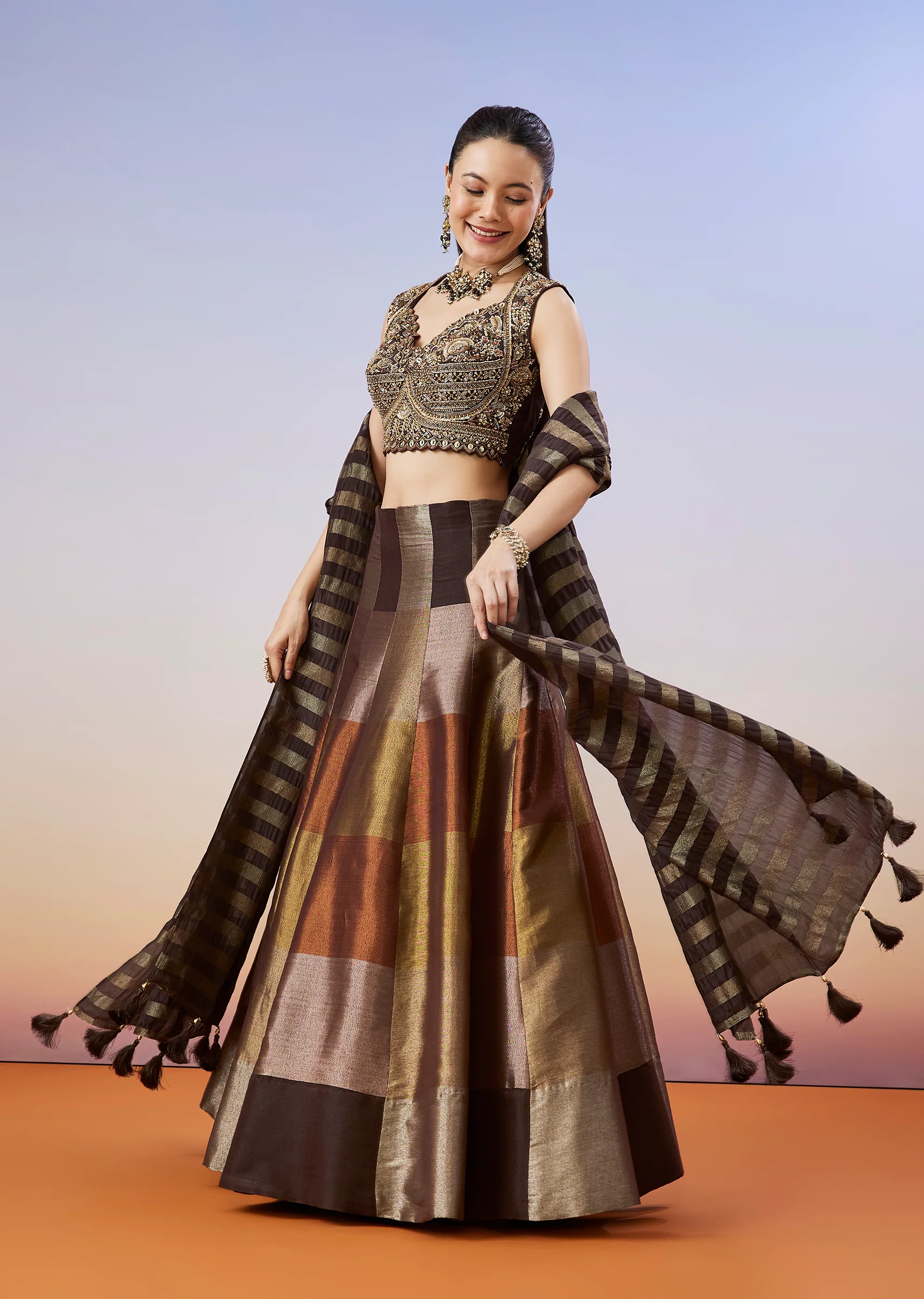 Brown Royal Duo – Colourblocked Lehenga For Her And Velvet Jodhpuri Set For Him - Image 4