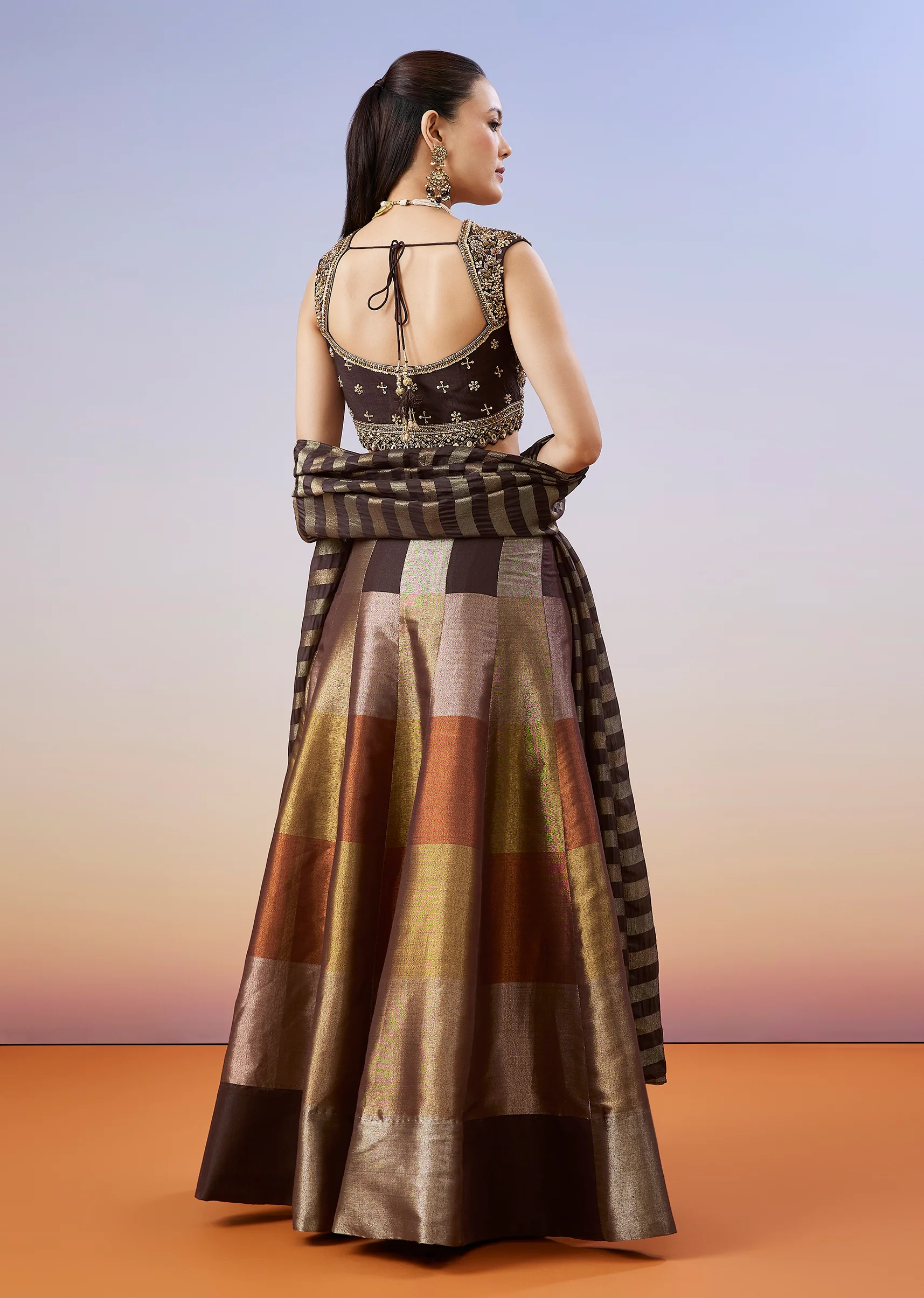 Brown Royal Duo – Colourblocked Lehenga For Her And Velvet Jodhpuri Set For Him - Image 6
