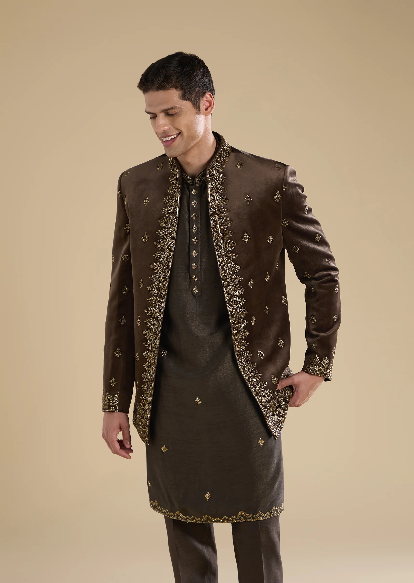 Brown Royal Duo – Colourblocked Lehenga For Her And Velvet Jodhpuri Set For Him - Image 8