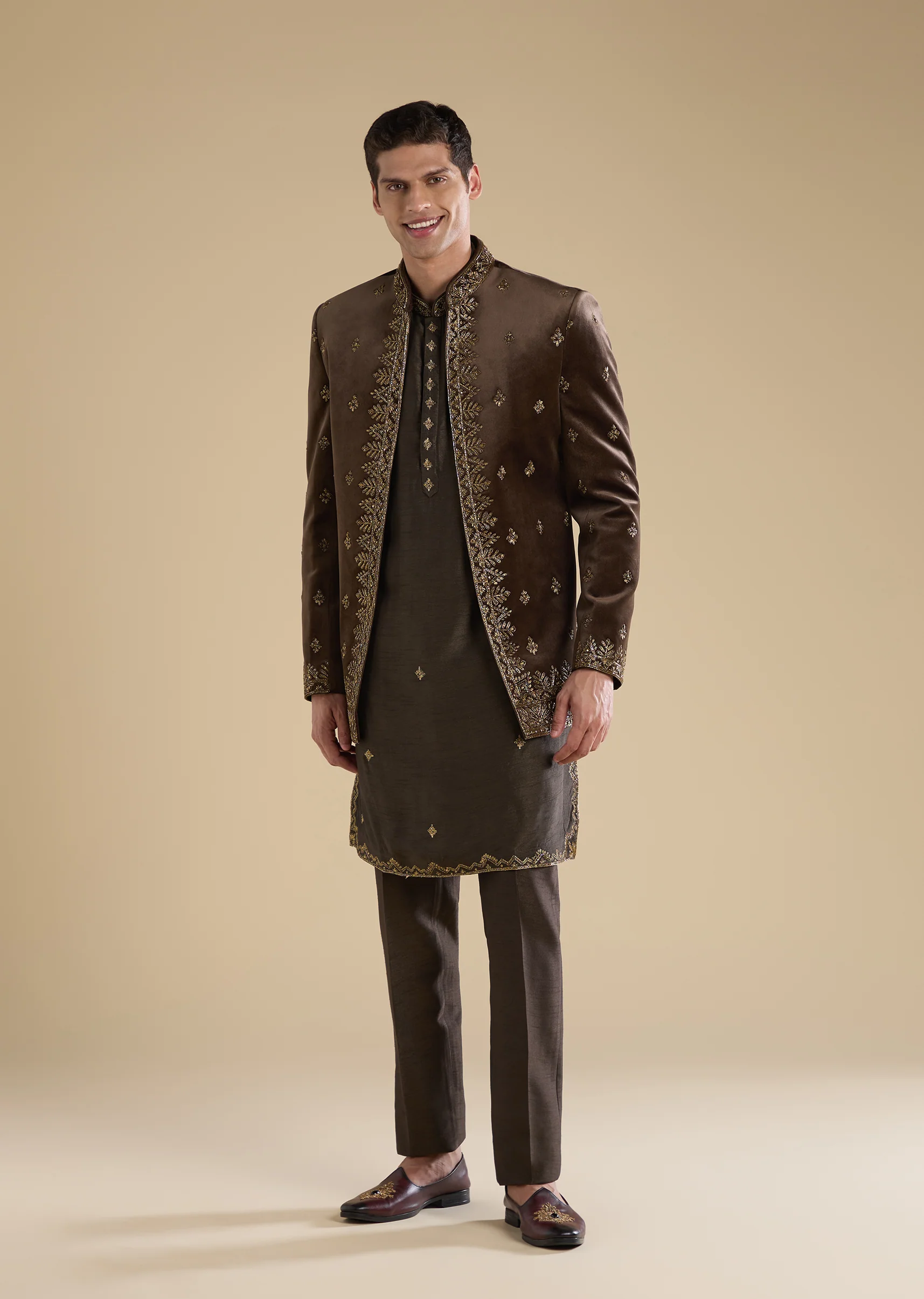 Brown Royal Duo – Colourblocked Lehenga For Her And Velvet Jodhpuri Set For Him - Image 9