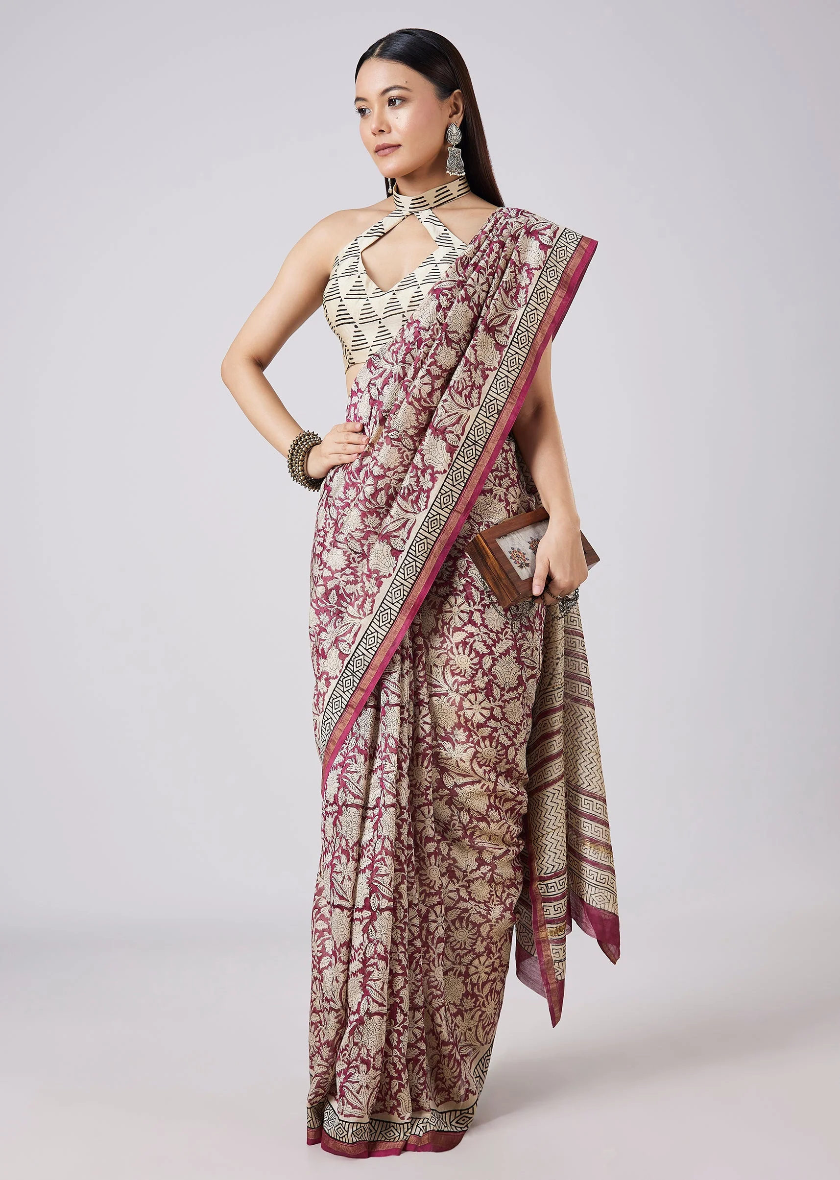 Brown Saree with Hand Painted Motifs and Blouse - Image 3