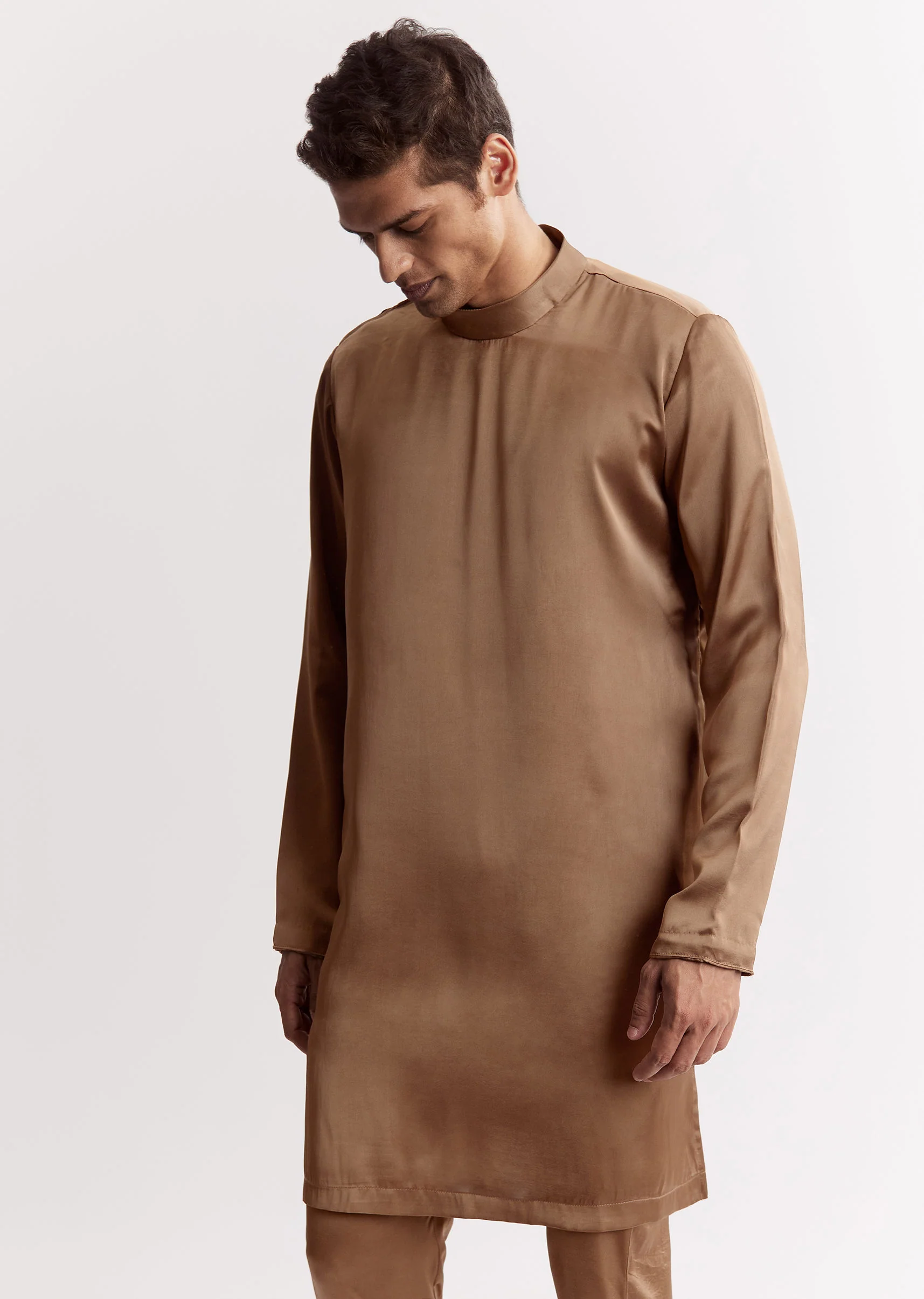 Brown Satin Jacket Kurta Set With Metal Accents - Image 7
