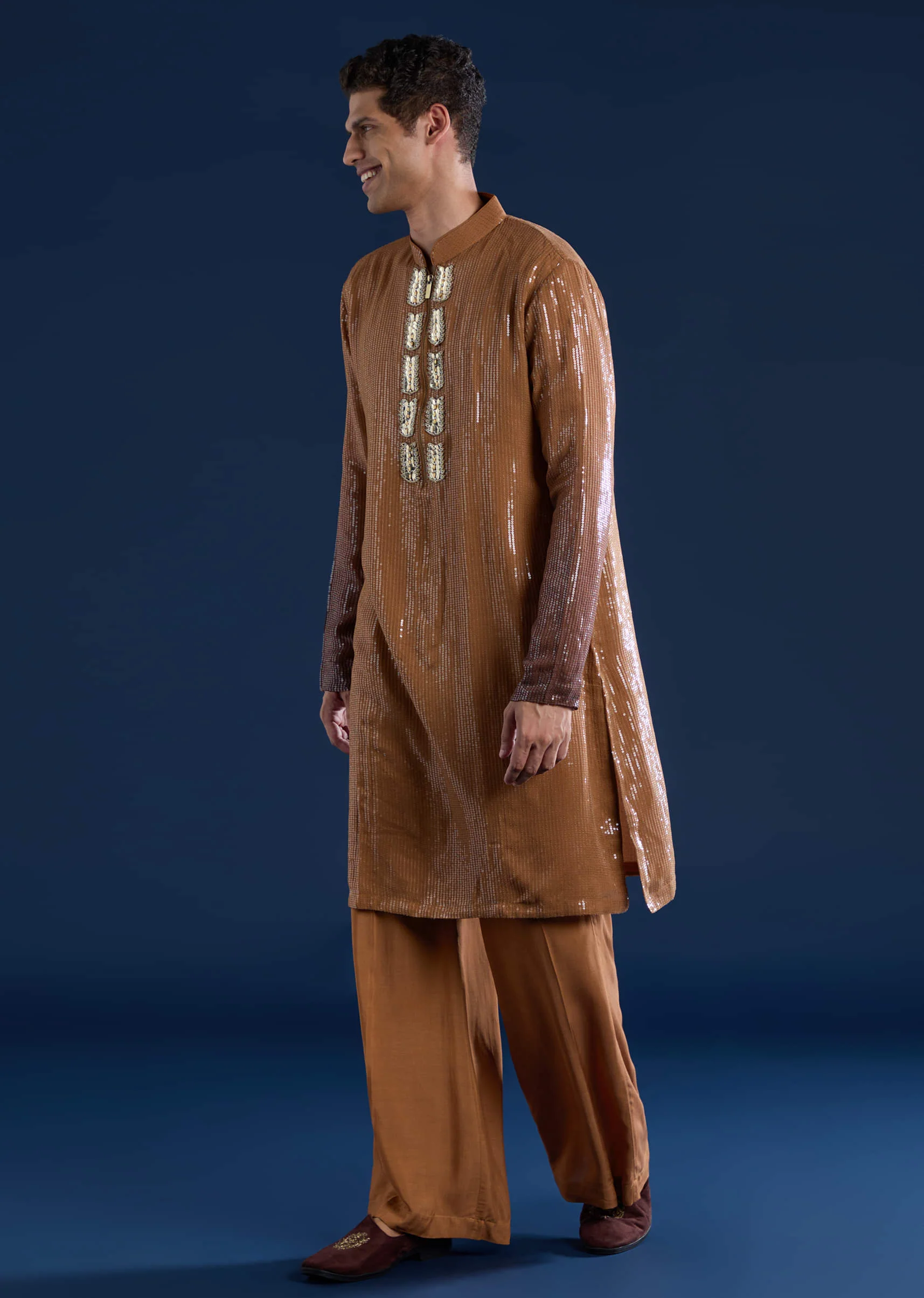 Brown Sequin Work Mens Kurta and Pant Set - Image 2