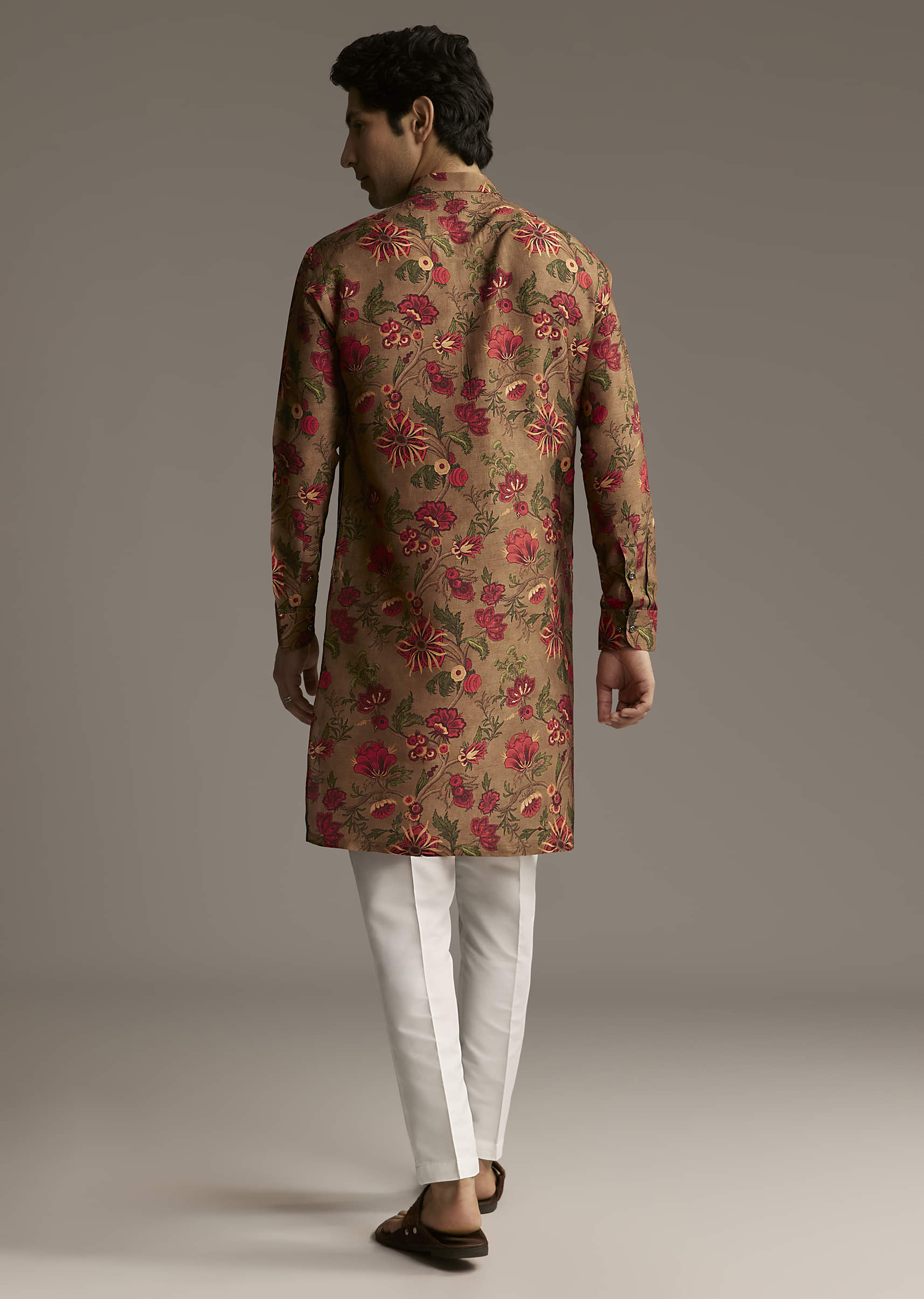 Brown Silk Designer Kurta For Men With Floral Print - Image 5