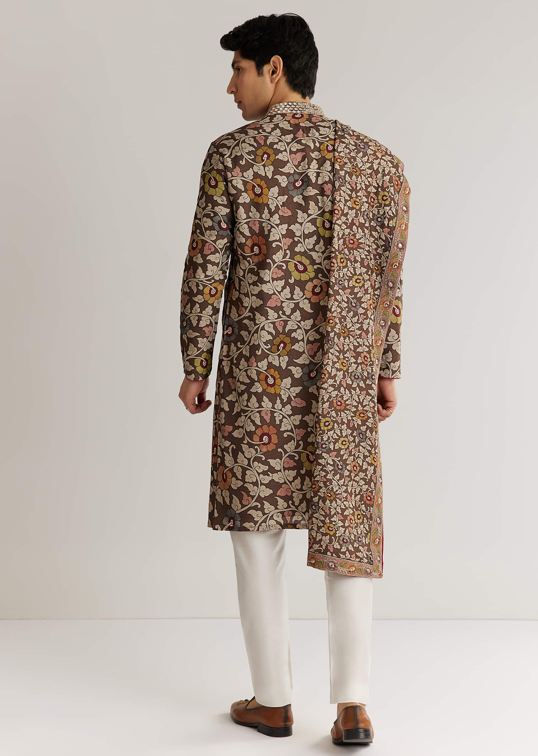 Brown Silk Mirron Threadwork Kurta Set With Dupatta - Image 5