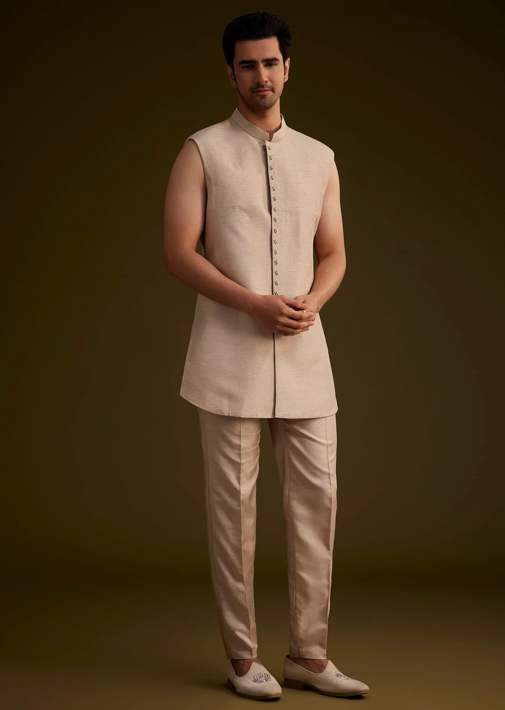 Brown Silk Open Style Sherwani Set With Resham Thread Work - Image 6